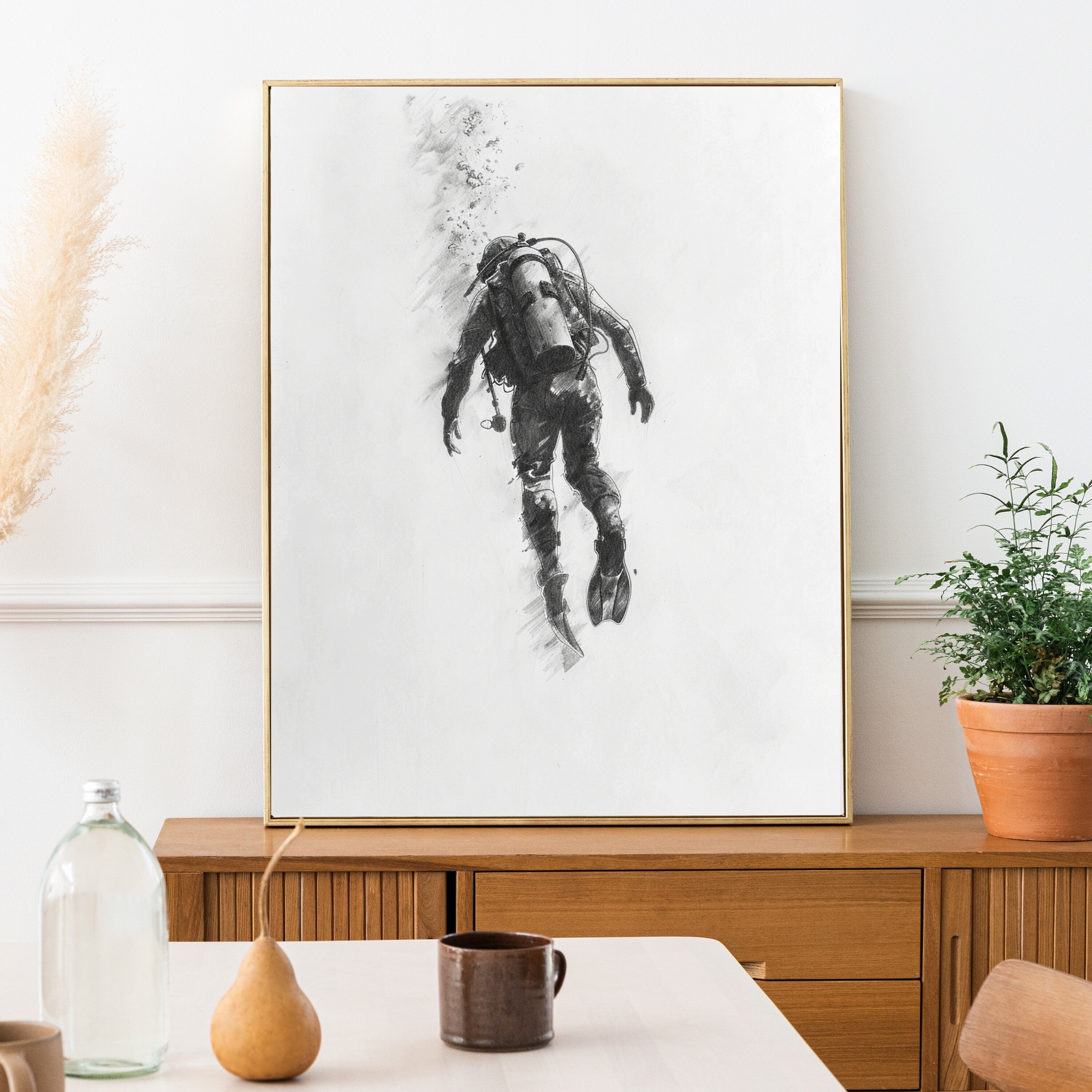 Deep Sea Diver Pencil Drawing – Minimalist Ocean Exploration Art