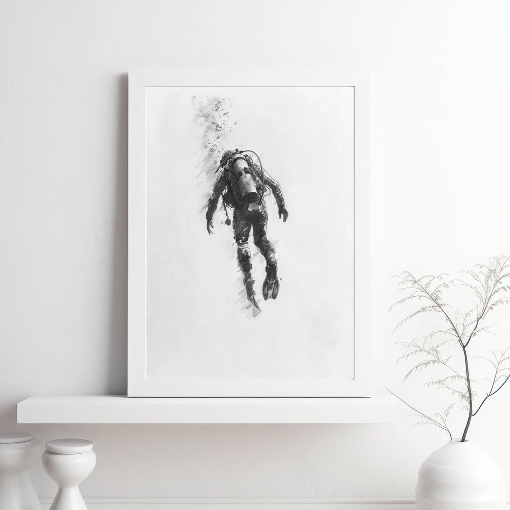 Deep Sea Diver Pencil Drawing – Minimalist Ocean Exploration Art