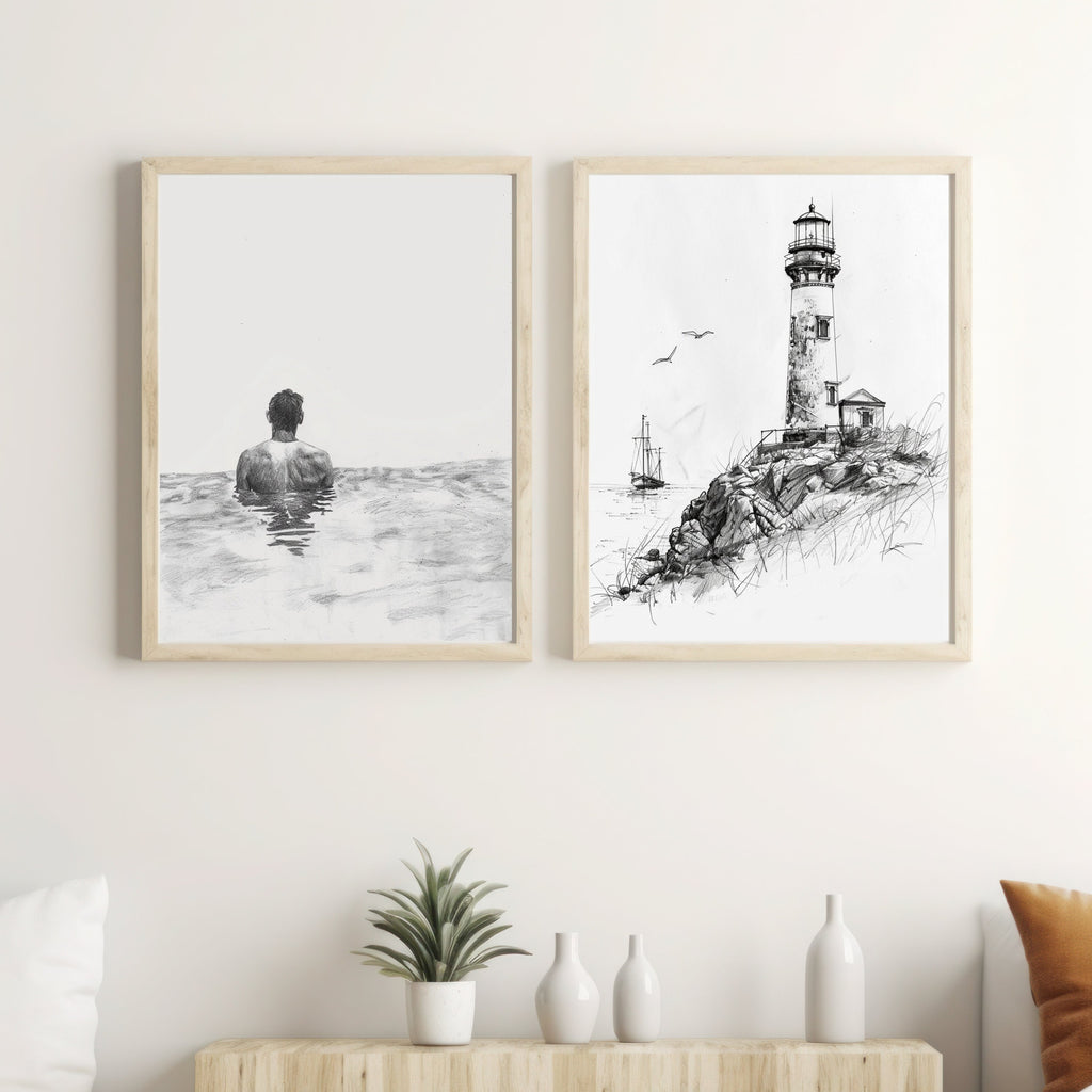 Vintage Lighthouse Pencil Drawing – Nautical Coastal Wall Art