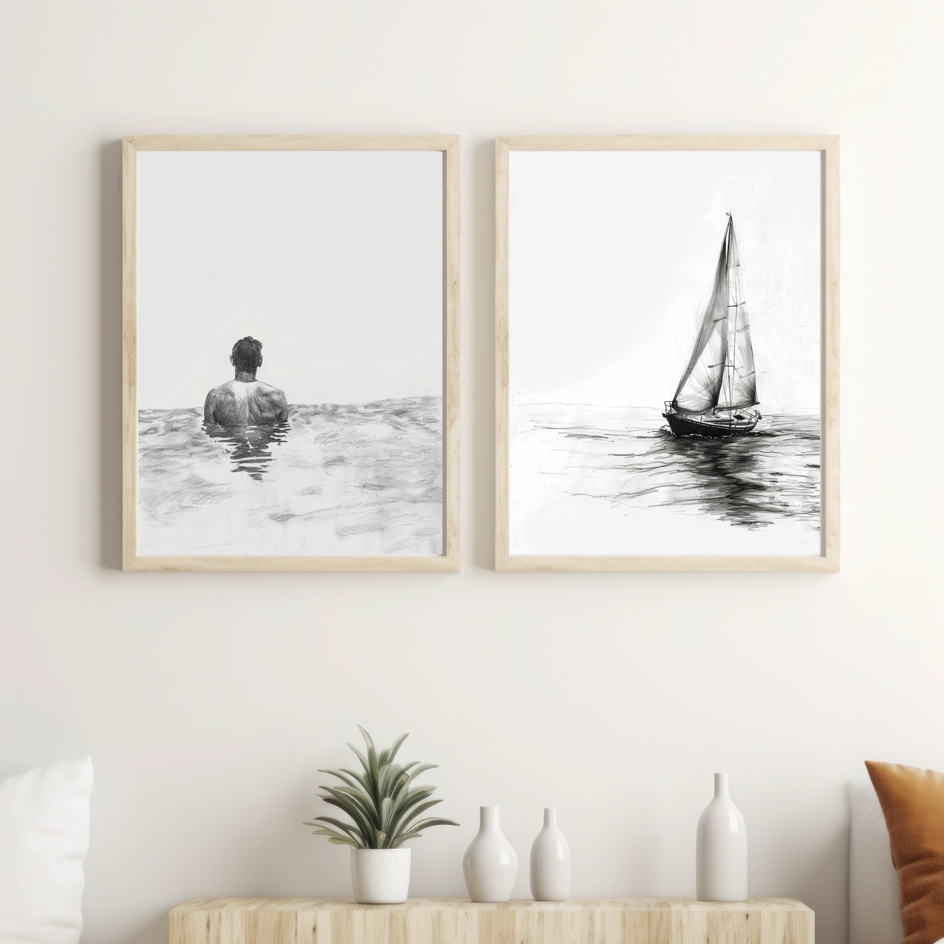 Sailing Boat Pencil Drawing – Minimalist Nautical Art Print