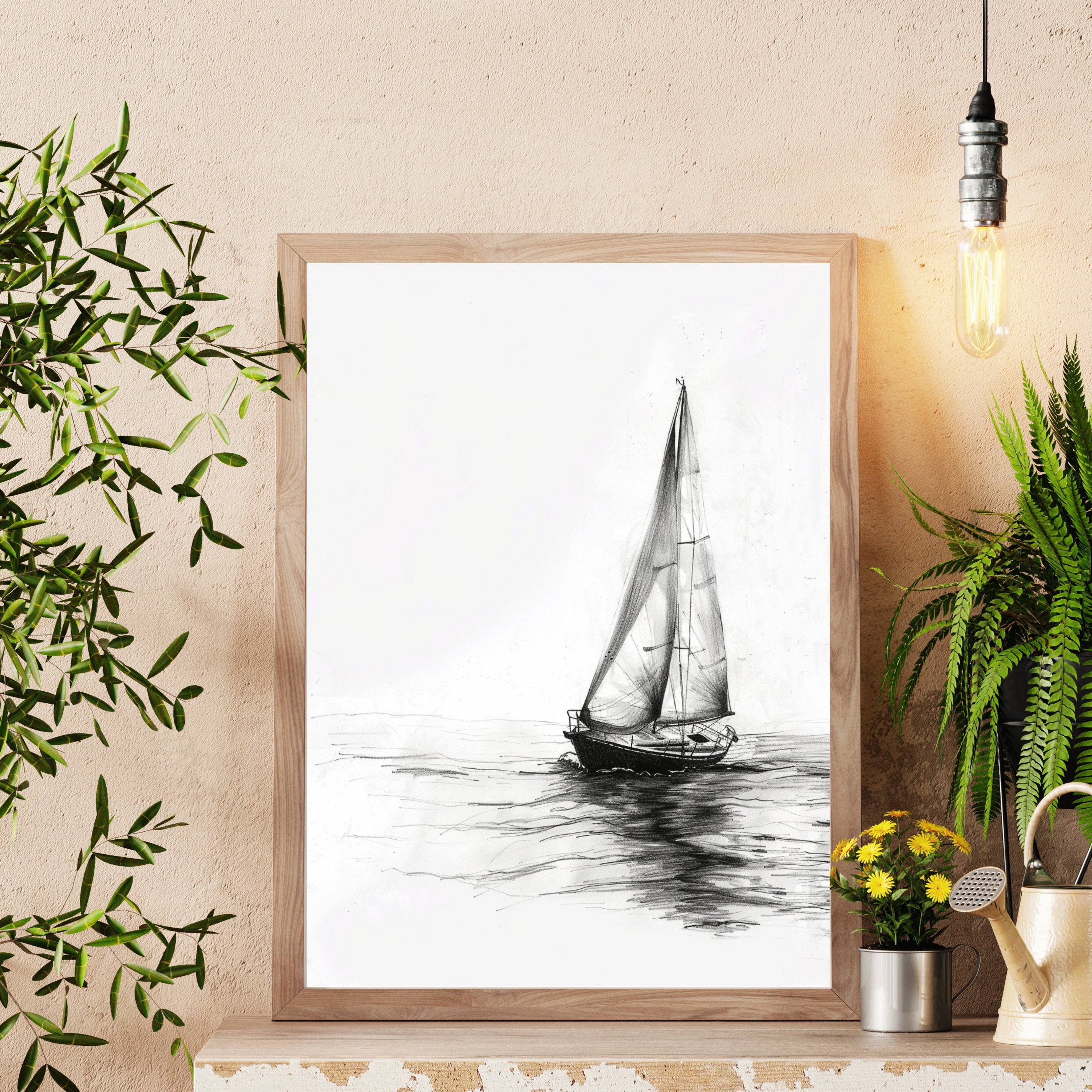 Sailing Boat Pencil Drawing – Minimalist Nautical Art Print