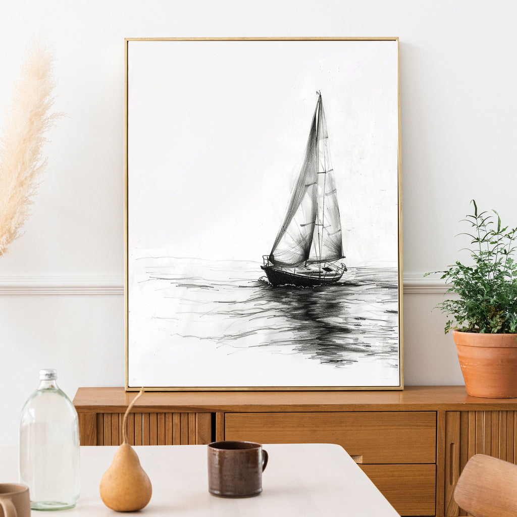 Sailing Boat Pencil Drawing – Minimalist Nautical Art Print