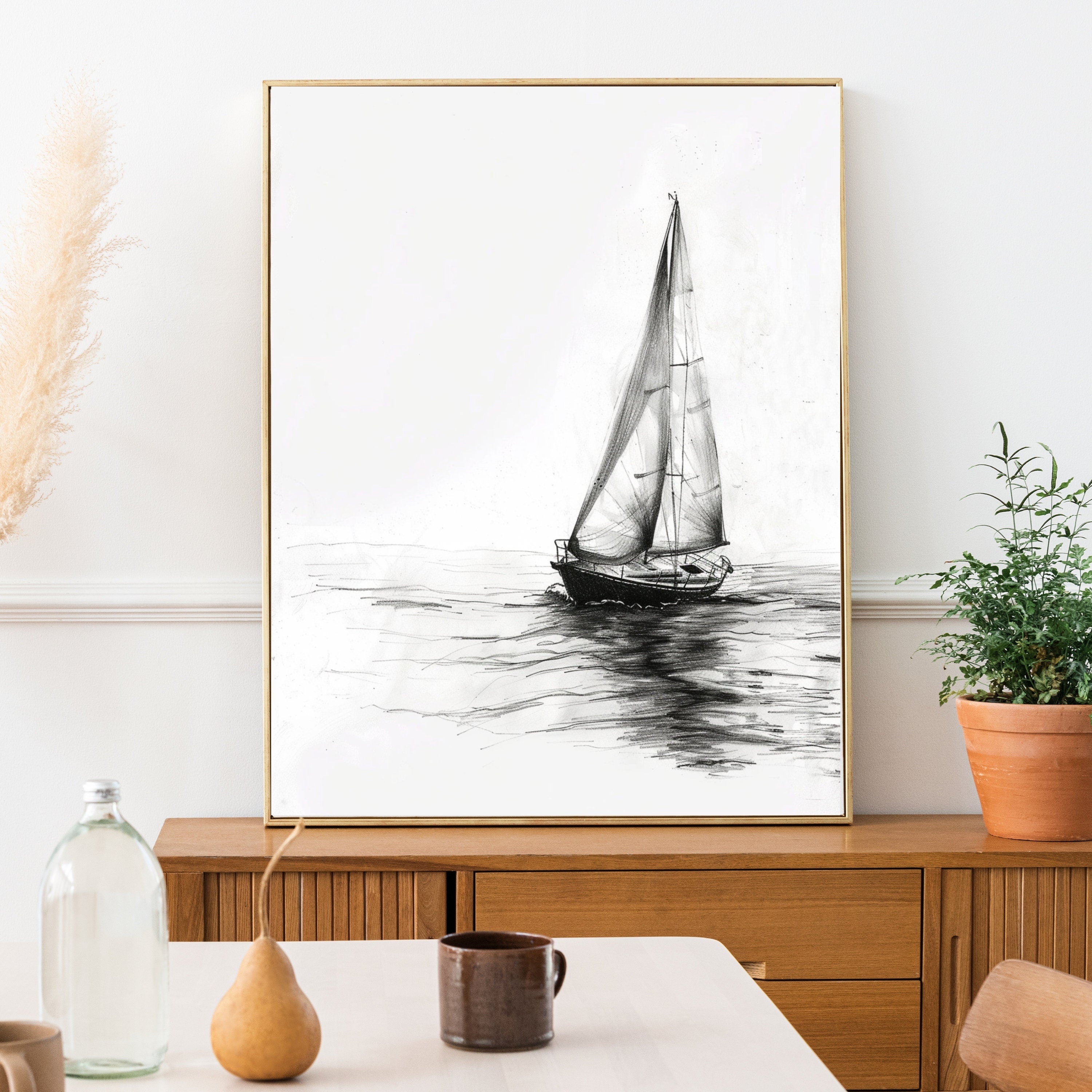 Sailing Boat Pencil Drawing – Minimalist Nautical Art Print