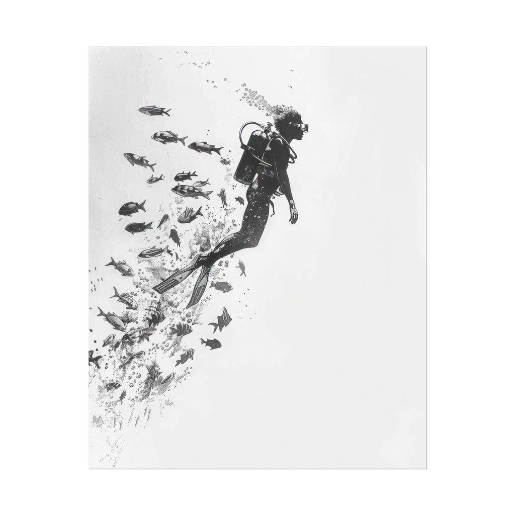 Minimalist Scuba Diver Art Print – Black & White Underwater Exploration