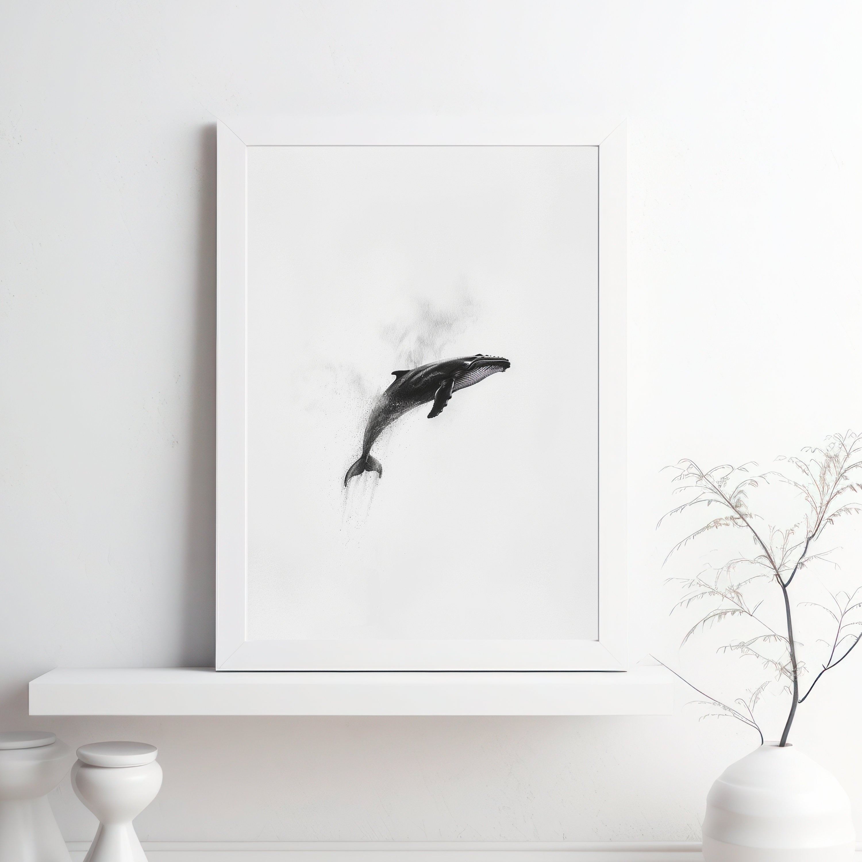 Minimalist Whale Art Print – Graceful Ocean Majesty in Black & White