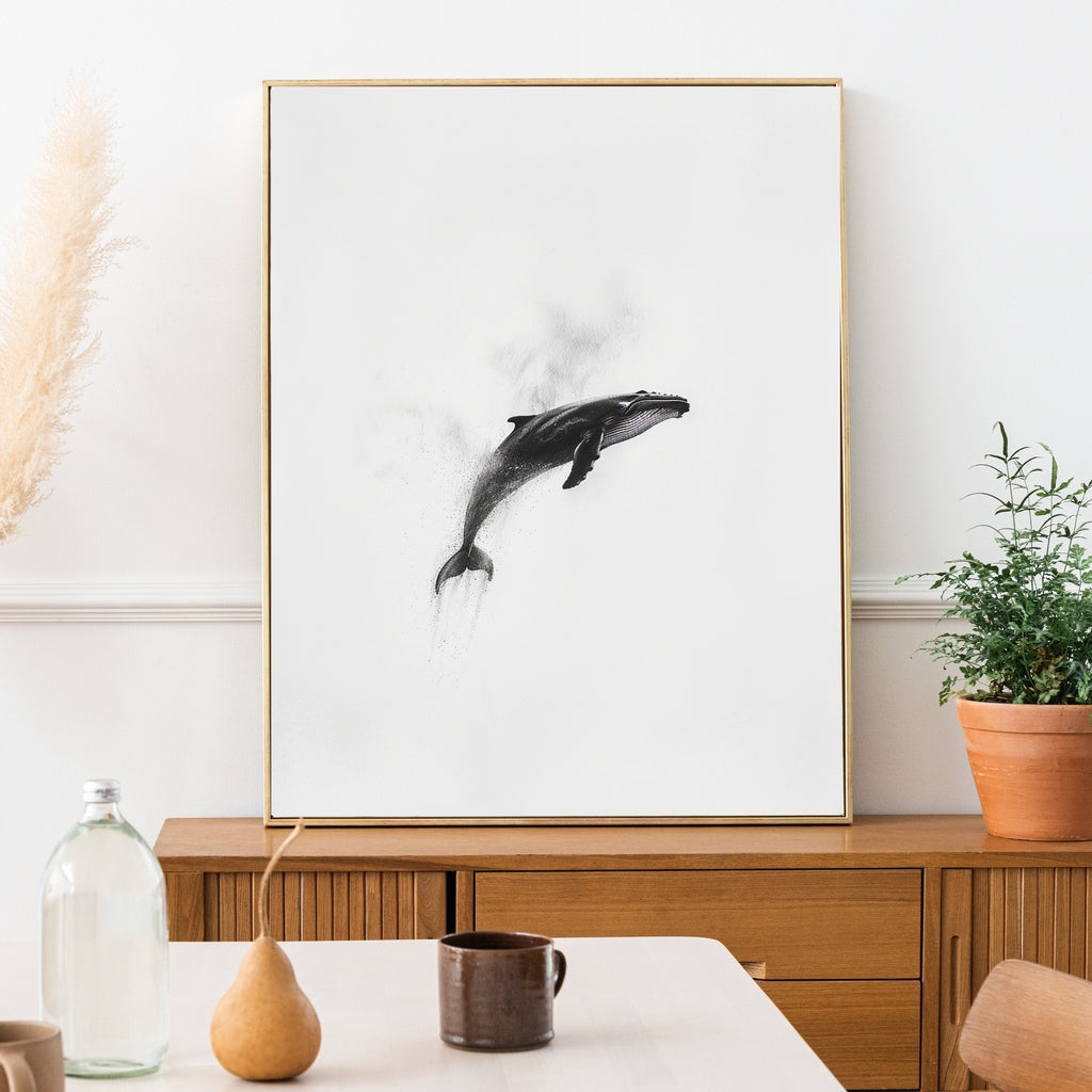 Minimalist Whale Art Print – Graceful Ocean Majesty in Black & White
