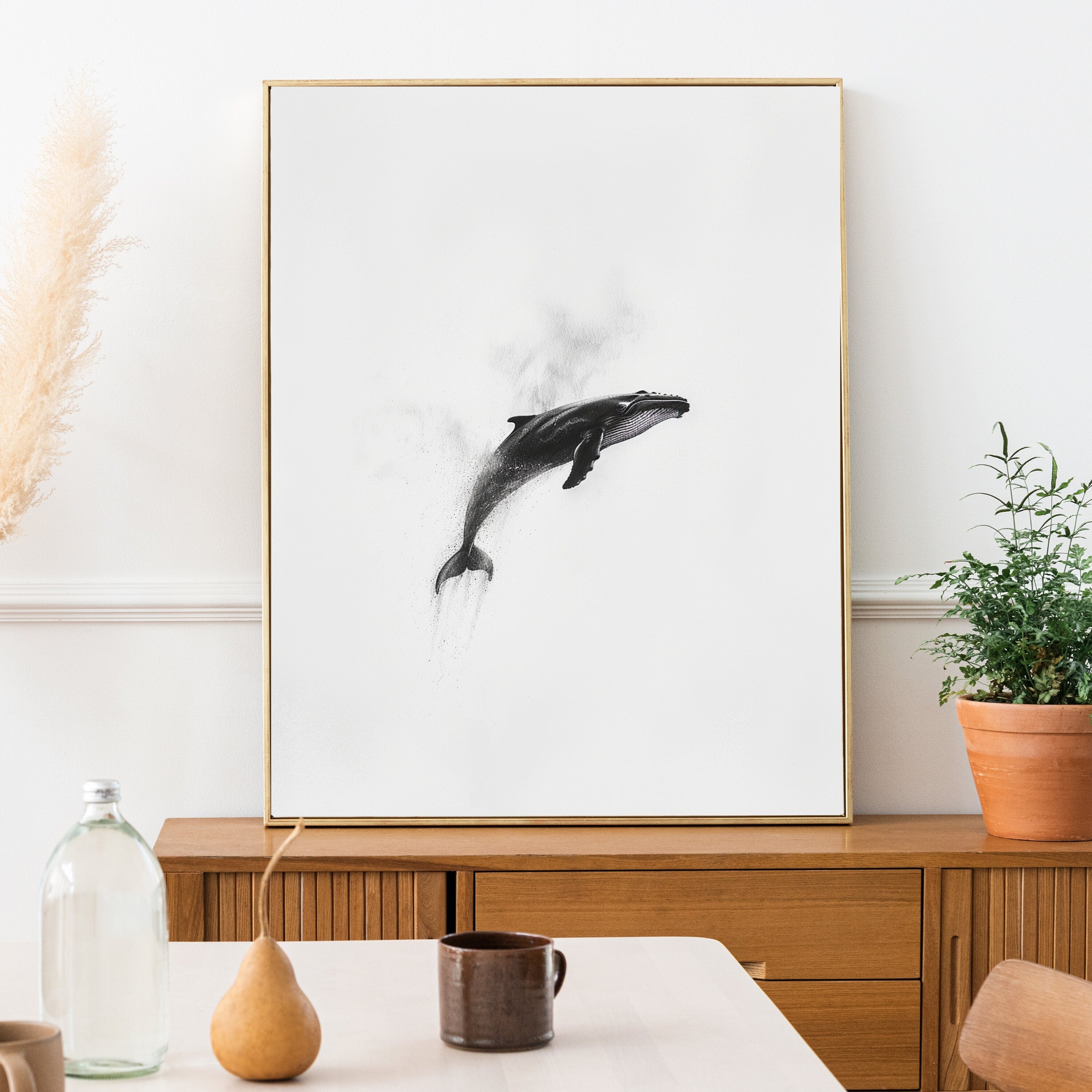 Minimalist Whale Art Print – Graceful Ocean Majesty in Black & White