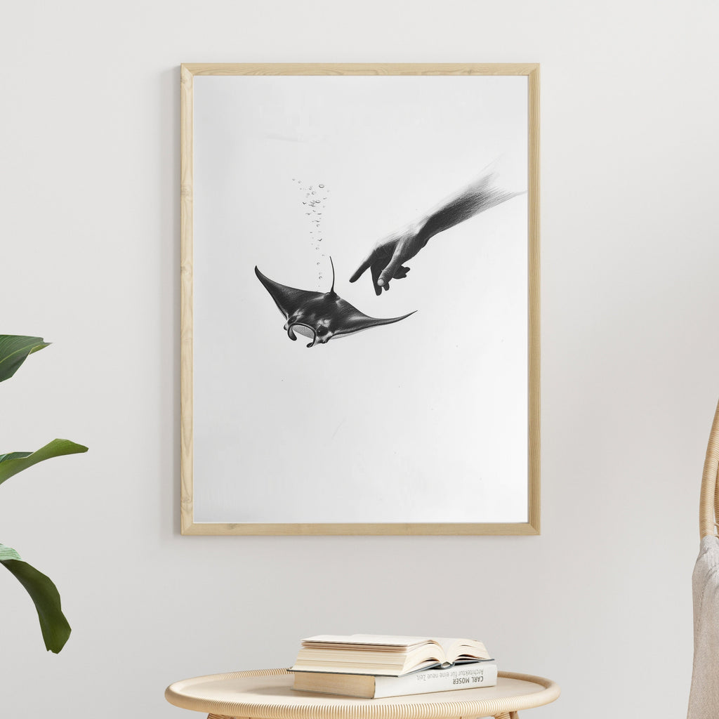 Ethereal Pencil Drawing – Hand Reaching into Water to Touch a Manta Ray