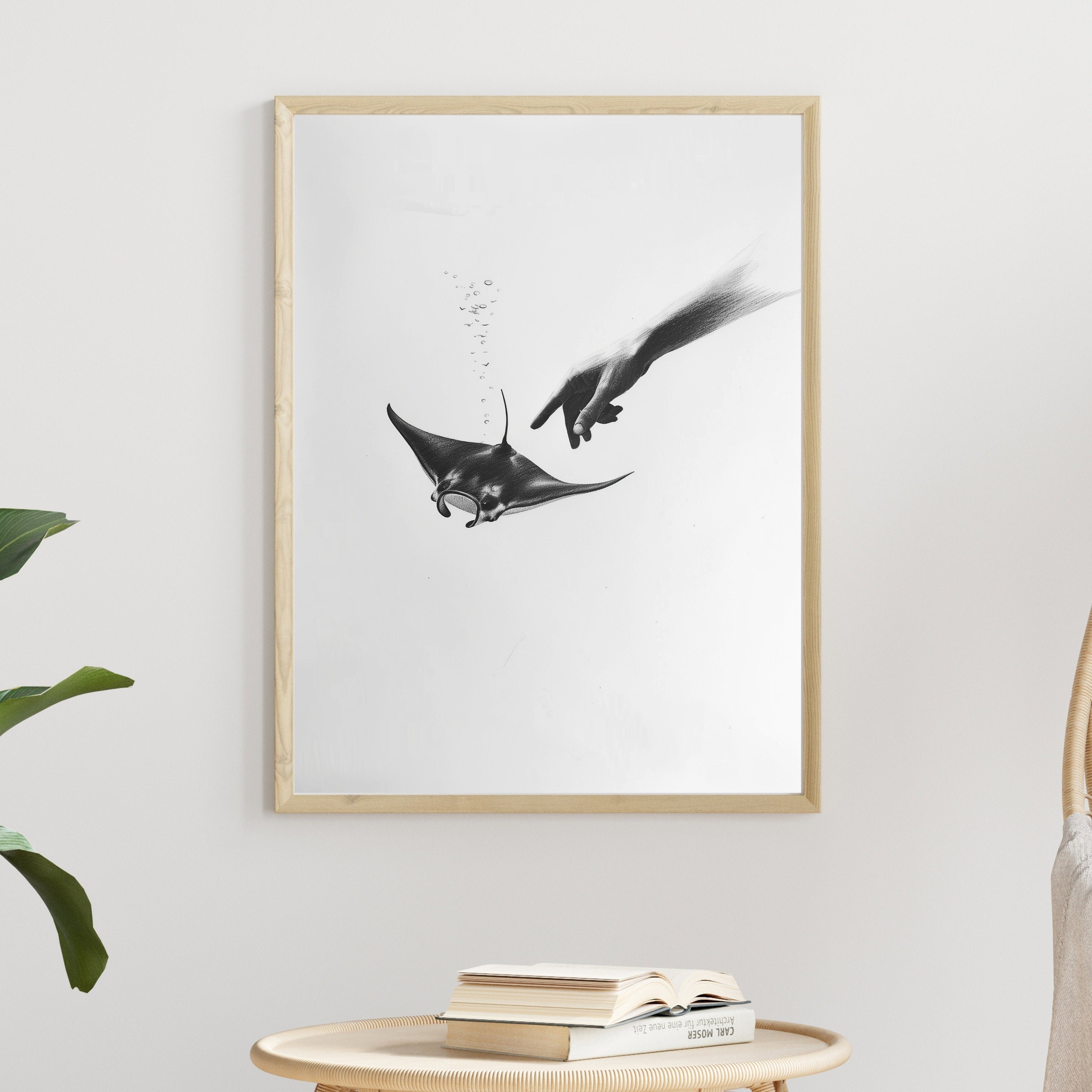 Ethereal Pencil Drawing – Hand Reaching into Water to Touch a Manta Ray