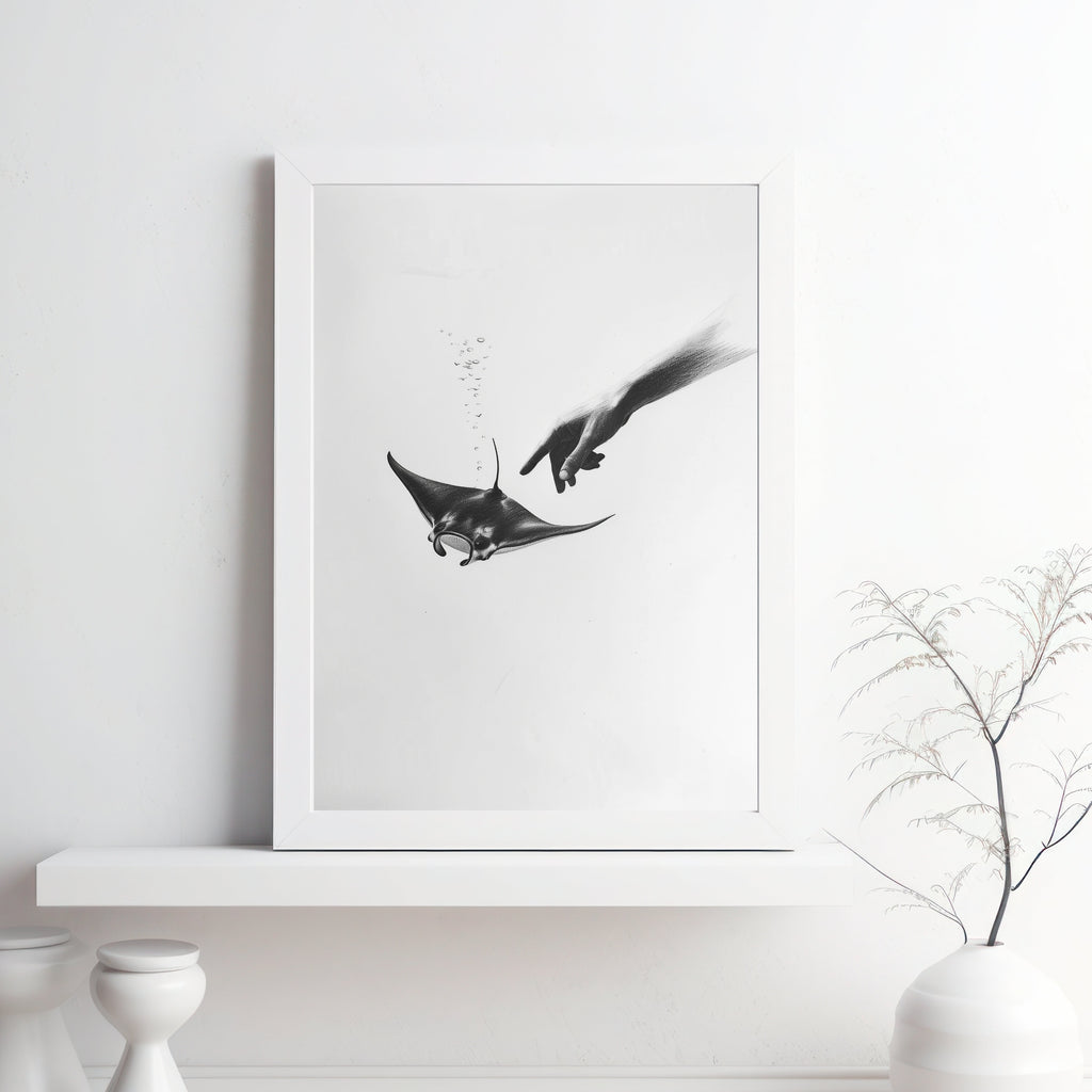 Ethereal Pencil Drawing – Hand Reaching into Water to Touch a Manta Ray