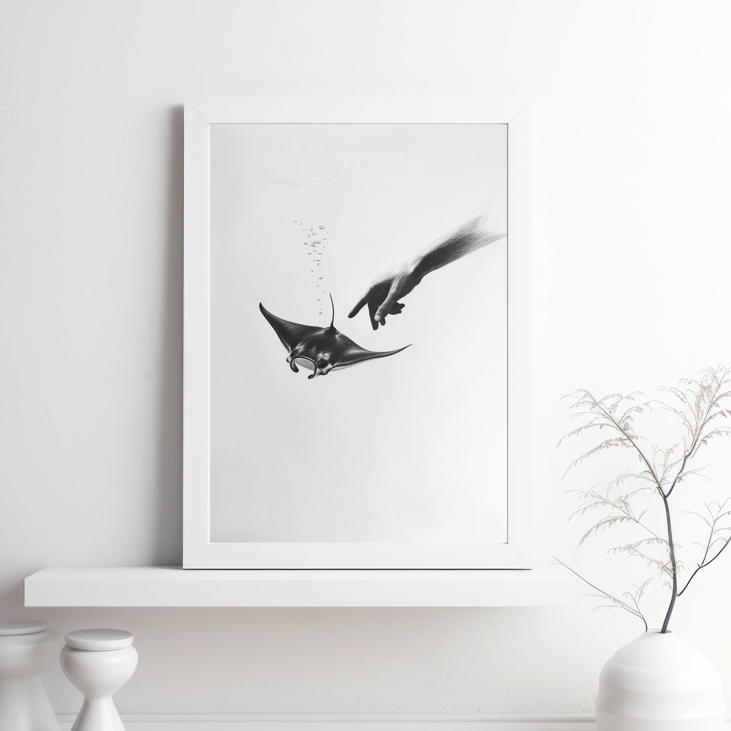 Ethereal Pencil Drawing – Hand Reaching into Water to Touch a Manta Ray