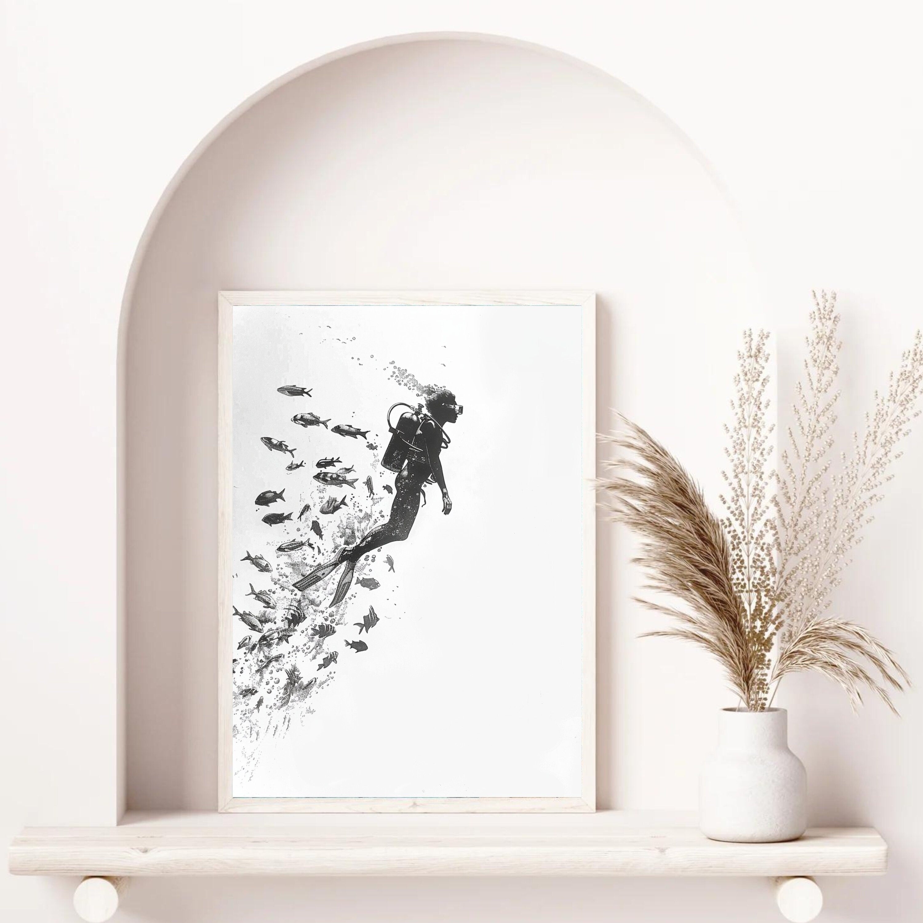 Minimalist Scuba Diver Art Print – Black & White Underwater Exploration