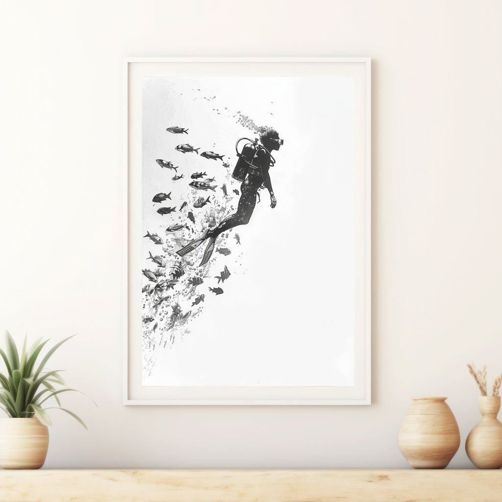 Minimalist Scuba Diver Art Print – Black & White Underwater Exploration