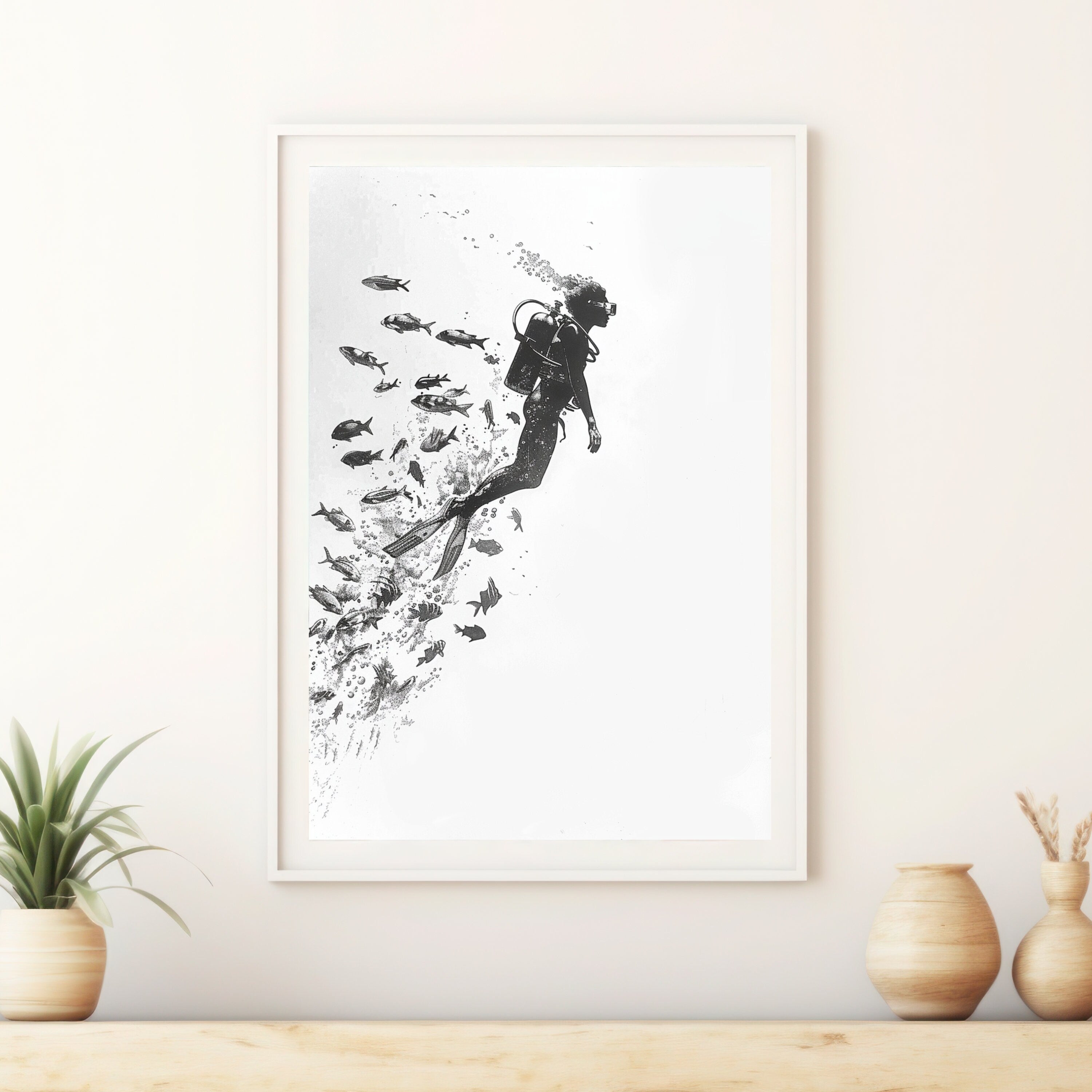 Minimalist Scuba Diver Art Print – Black & White Underwater Exploration