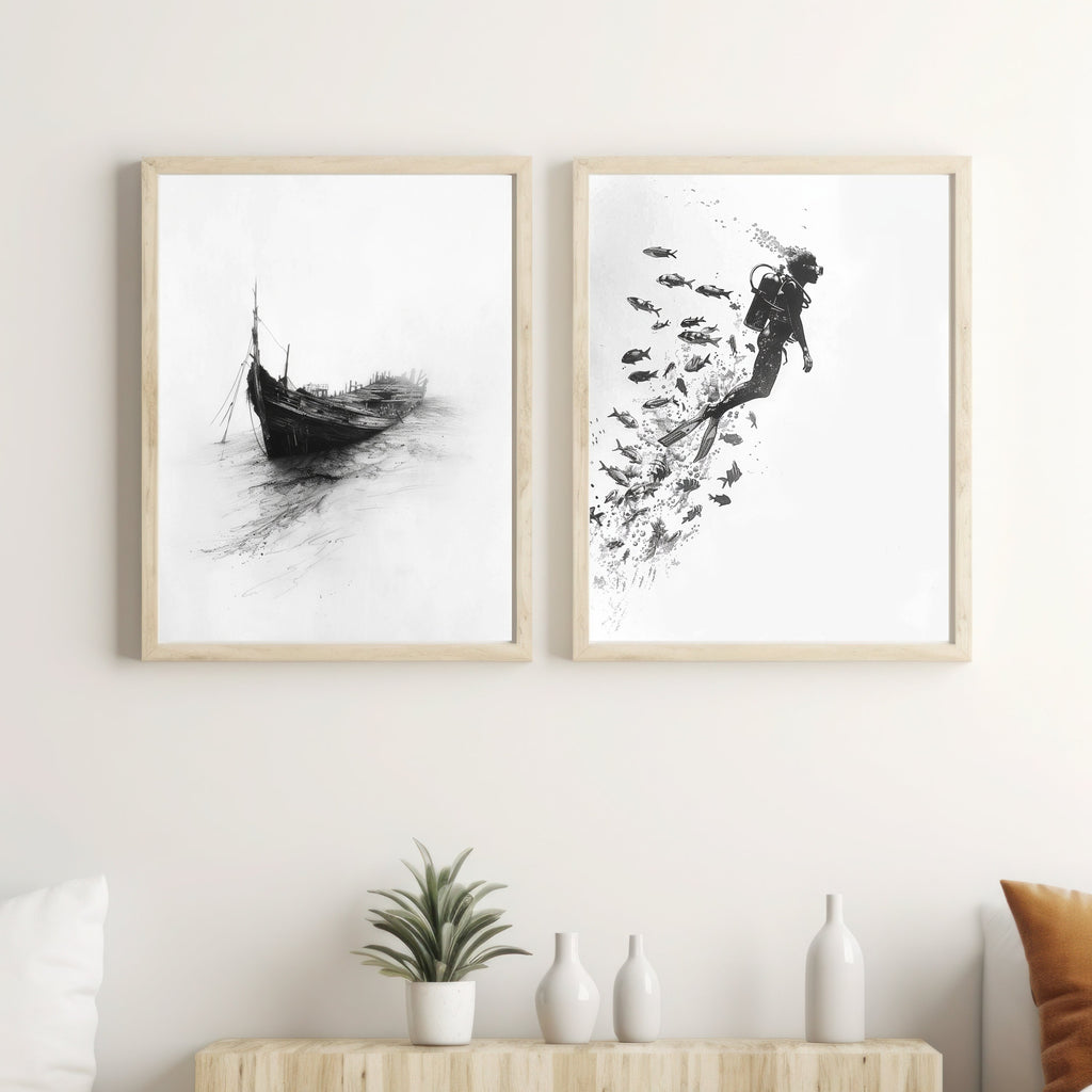 Minimalist Scuba Diver Art Print – Black & White Underwater Exploration