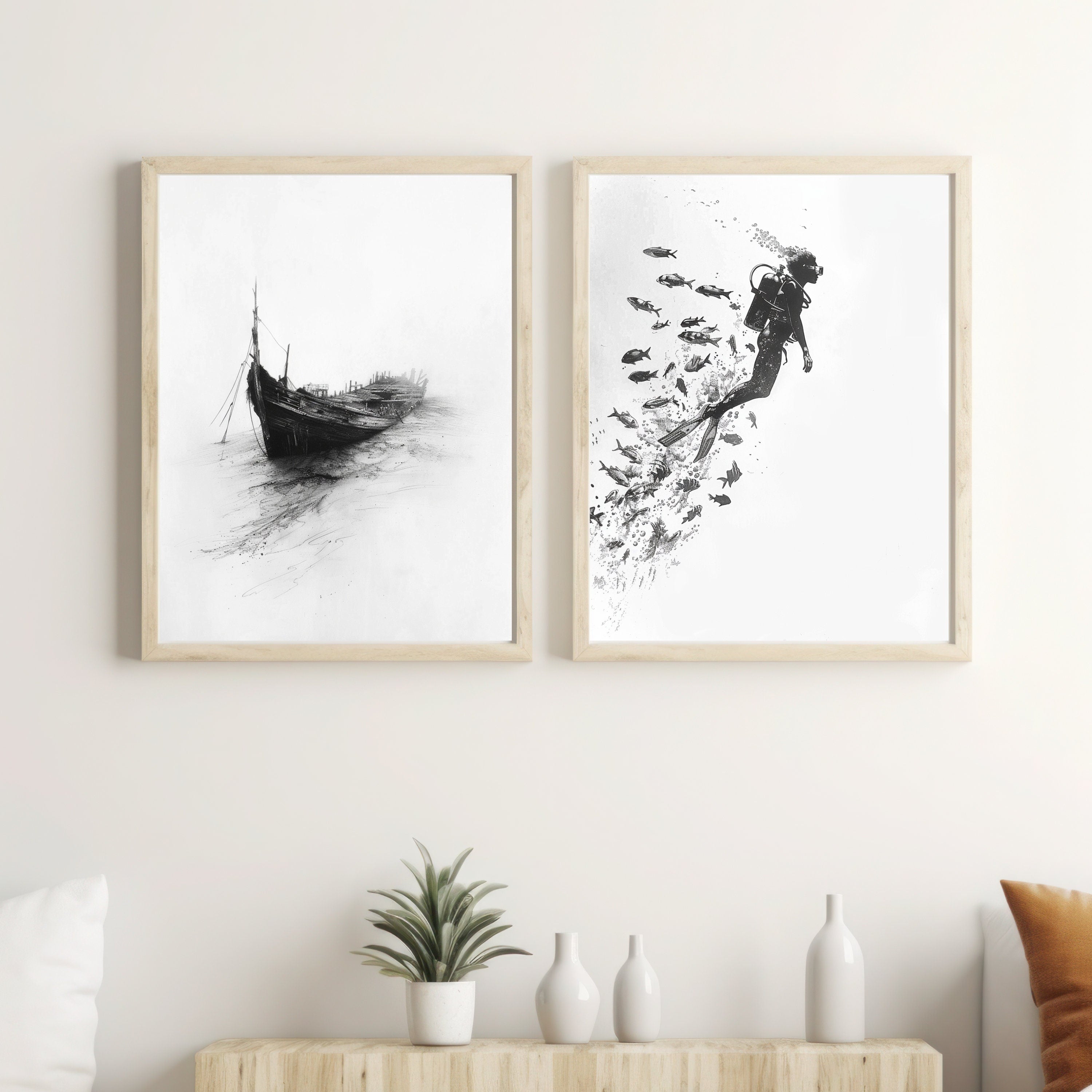 Minimalist Scuba Diver Art Print – Black & White Underwater Exploration