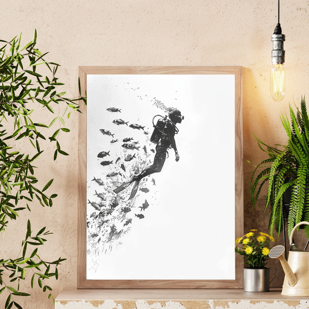 Minimalist Scuba Diver Art Print – Black & White Underwater Exploration