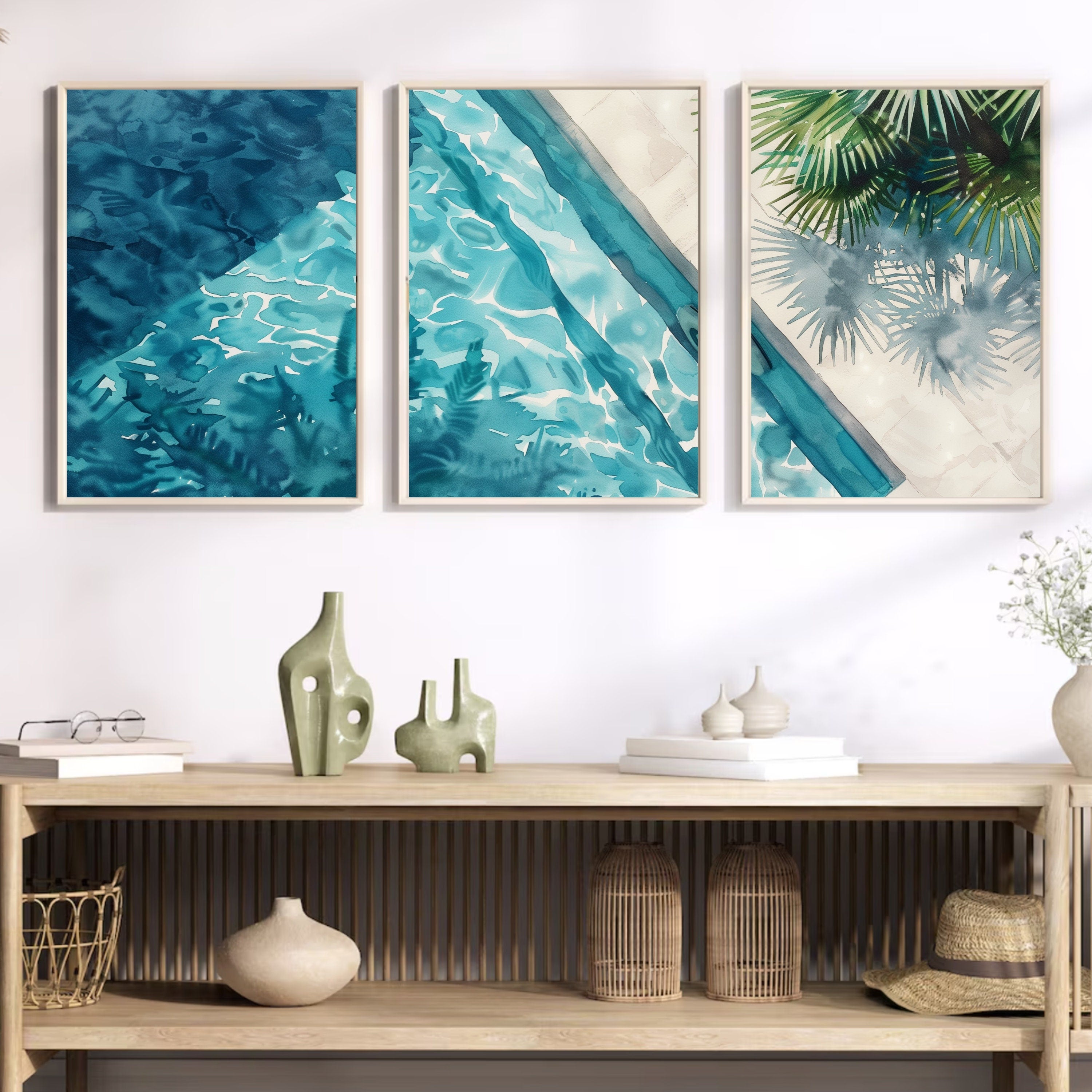 Aerial View Pool Poster Set of 3 - Watercolor Reflections and Palm Shadows - Artist-Inspired Wall Art by Ocean Blue Art