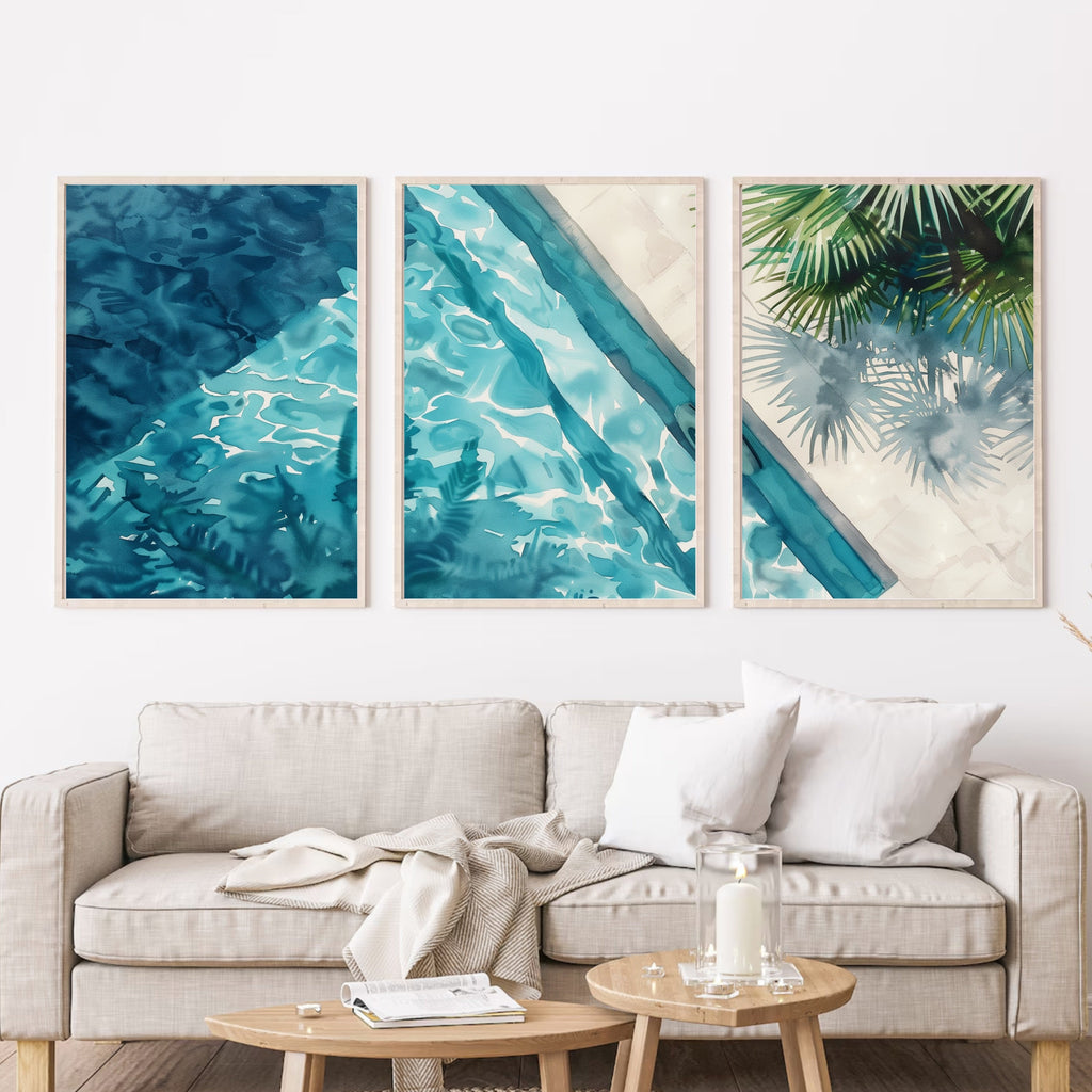 Aerial View Pool Poster Set of 3 - Watercolor Reflections and Palm Shadows - Artist-Inspired Wall Art by Ocean Blue Art