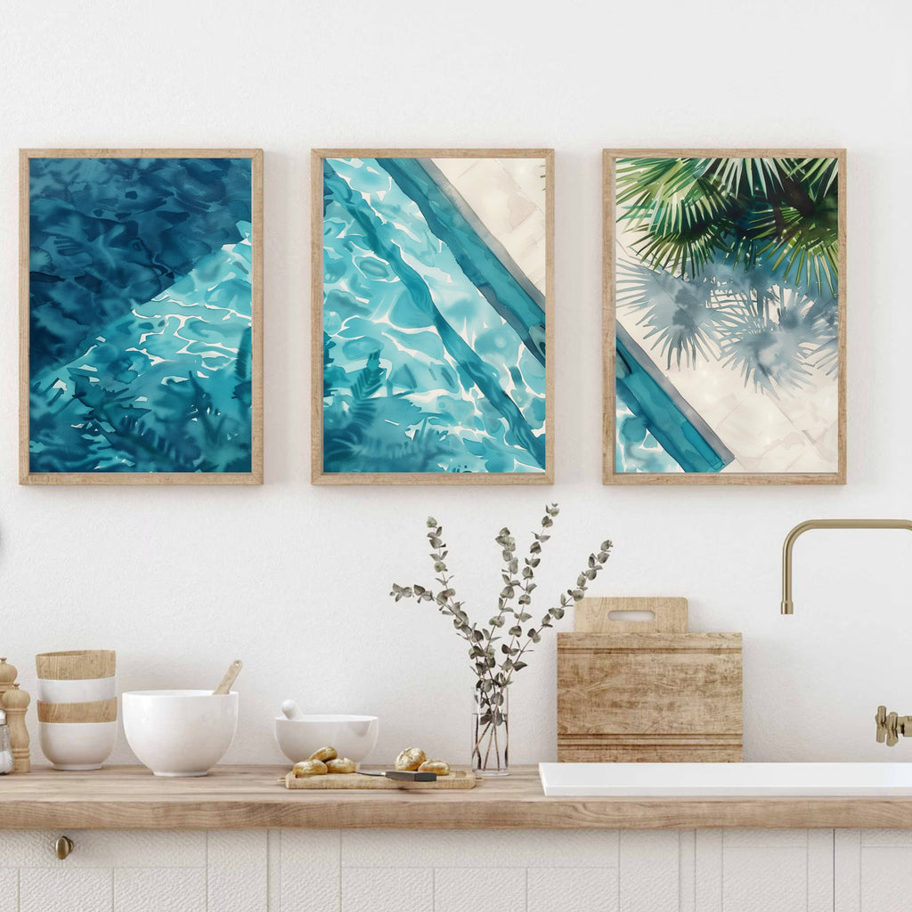 Aerial View Pool Poster Set of 3 - Watercolor Reflections and Palm Shadows - Artist-Inspired Wall Art by Ocean Blue Art