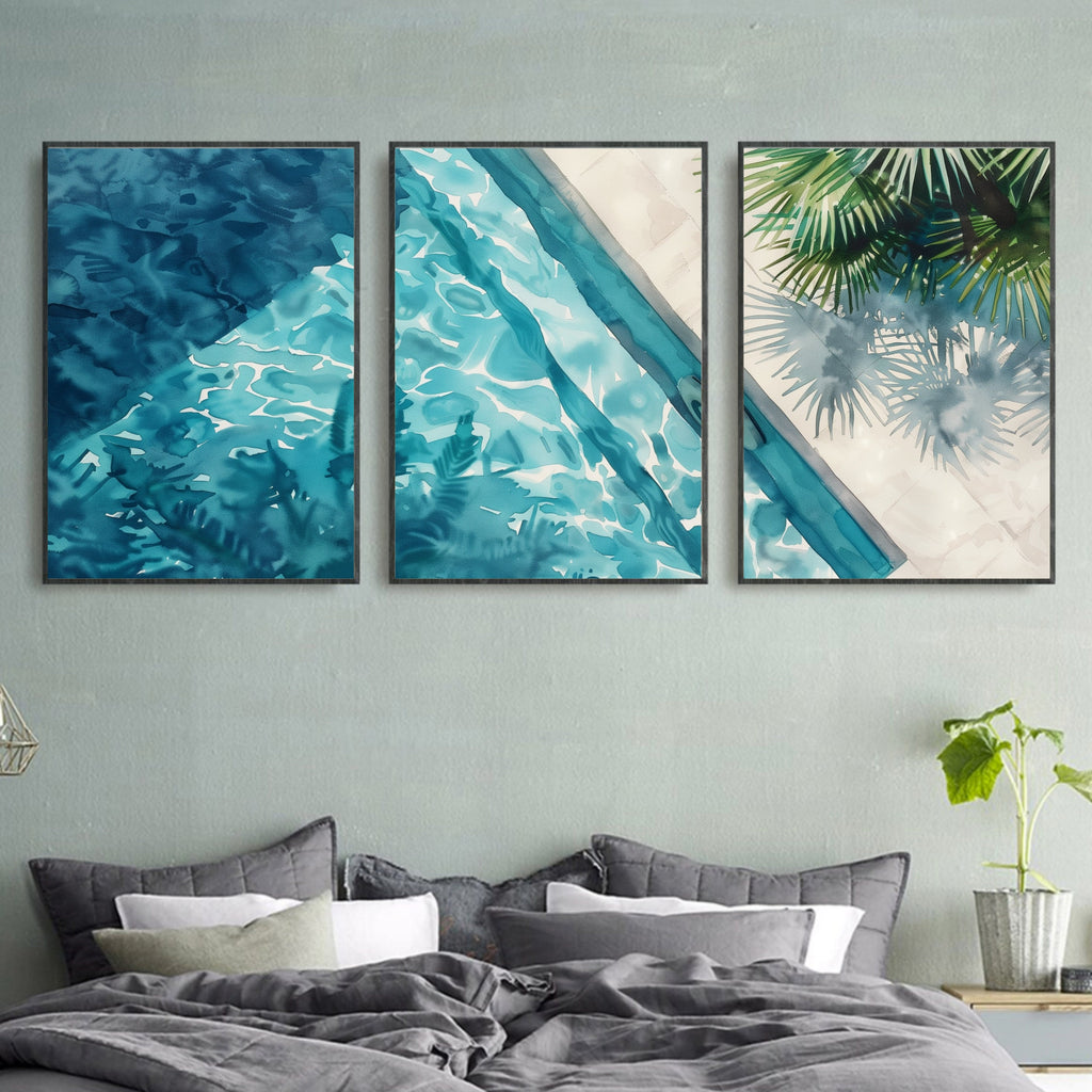 Aerial View Pool Poster Set of 3 - Watercolor Reflections and Palm Shadows - Artist-Inspired Wall Art by Ocean Blue Art