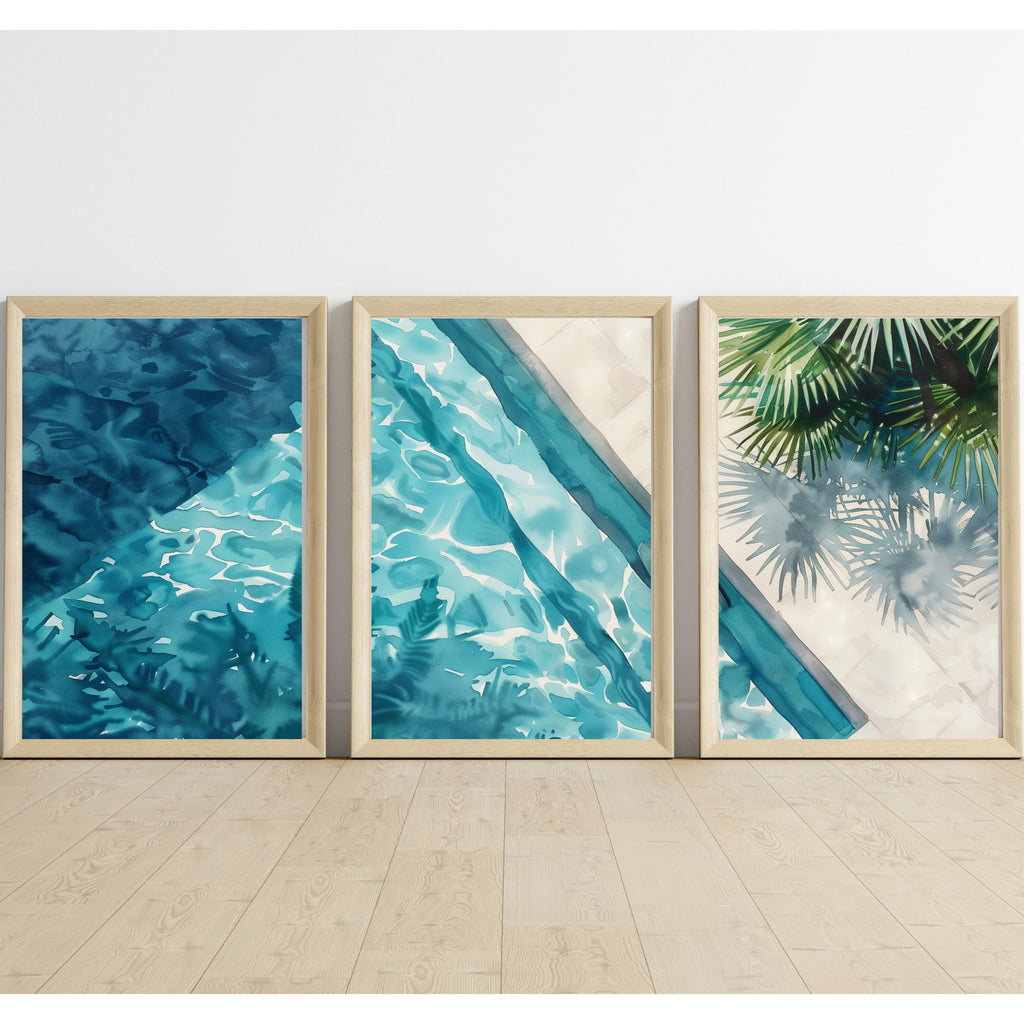 Aerial View Pool Poster Set of 3 - Watercolor Reflections and Palm Shadows - Artist-Inspired Wall Art by Ocean Blue Art