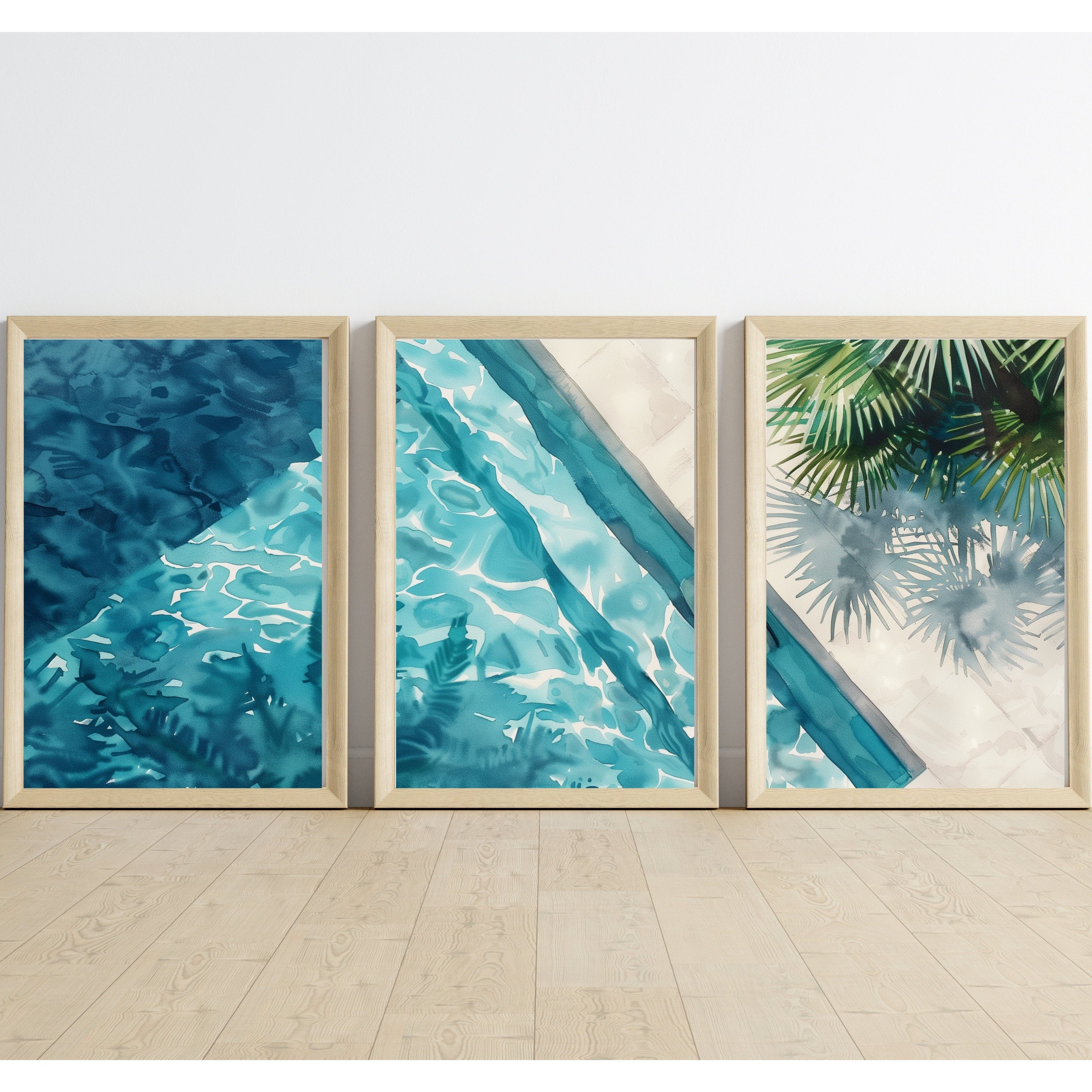 Aerial View Pool Poster Set of 3 - Watercolor Reflections and Palm Shadows - Artist-Inspired Wall Art by Ocean Blue Art