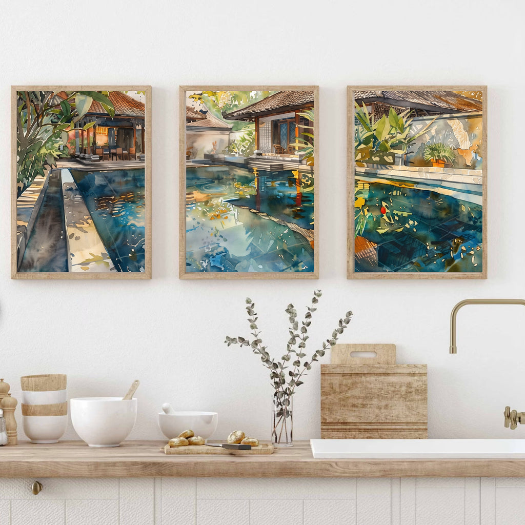 Bali Accommodation Pool Poster Set of 3 - Watercolor Art Prints - Perfect Holiday Memory Decor by Balinese Artist