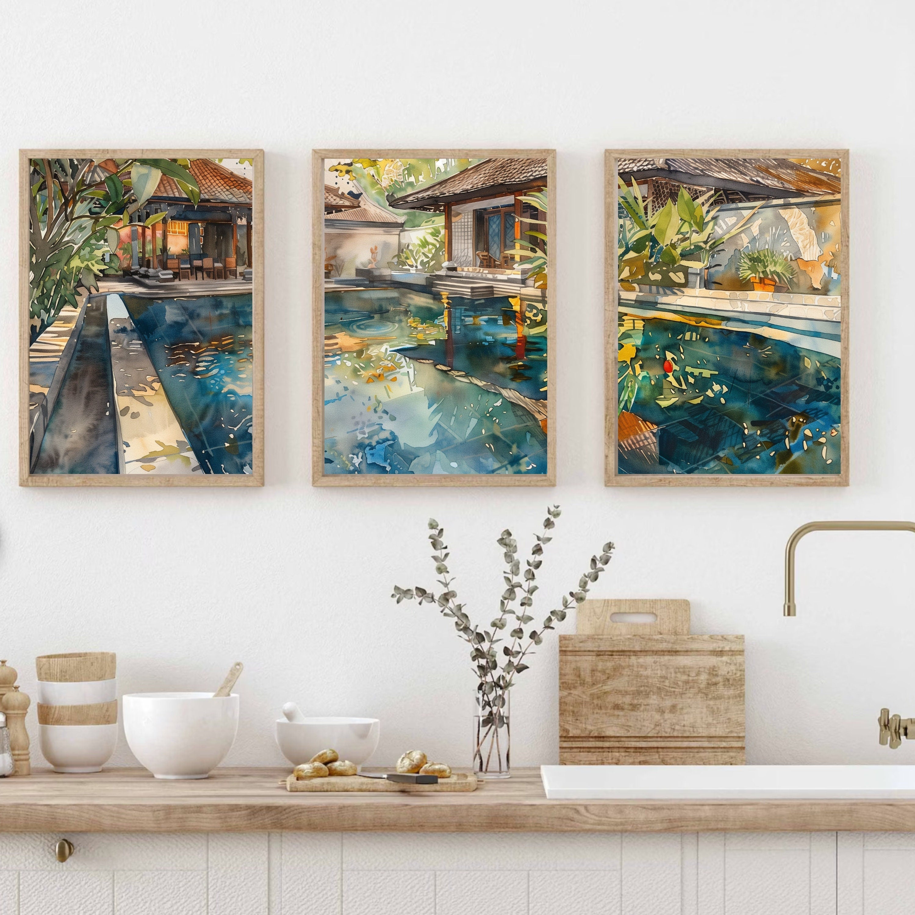 Bali Accommodation Pool Poster Set of 3 - Watercolor Art Prints - Perfect Holiday Memory Decor by Balinese Artist