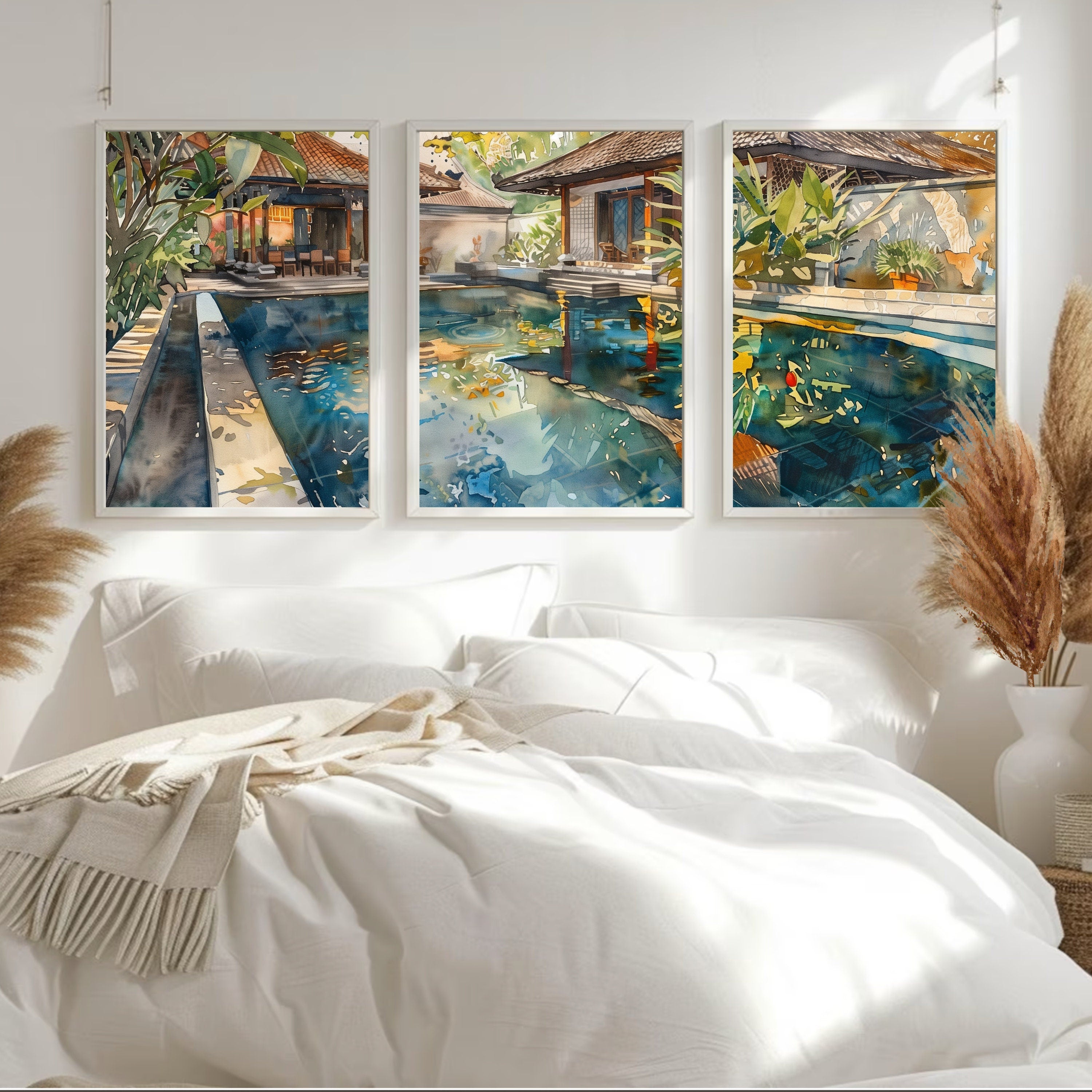 Bali Accommodation Pool Poster Set of 3 - Watercolor Art Prints - Perfect Holiday Memory Decor by Balinese Artist