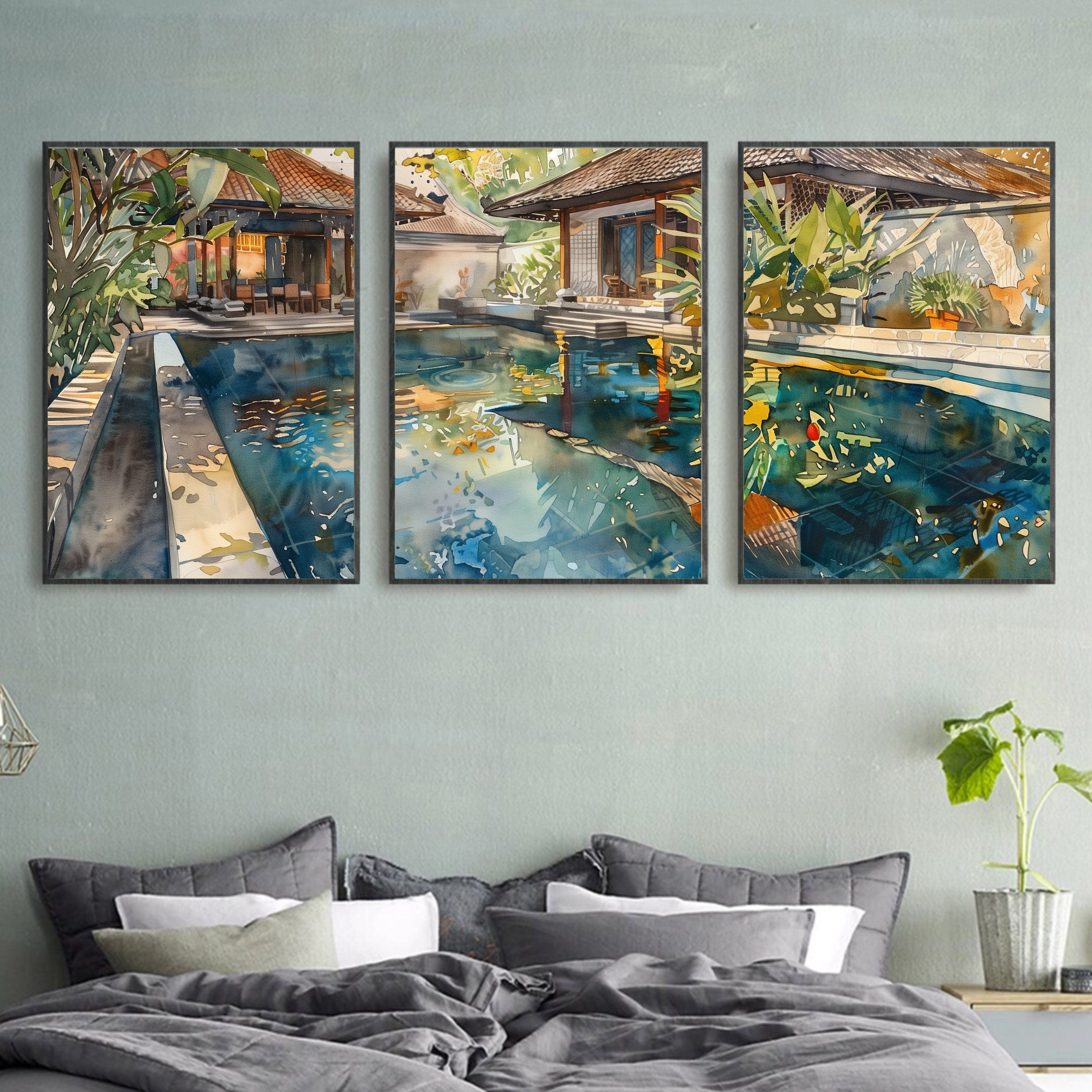 Bali Accommodation Pool Poster Set of 3 - Watercolor Art Prints - Perfect Holiday Memory Decor by Balinese Artist