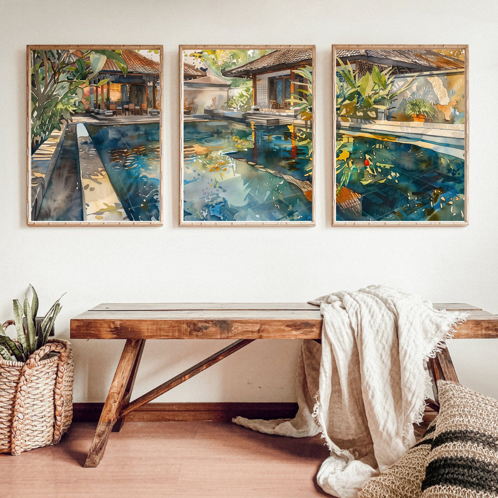 Bali Accommodation Pool Poster Set of 3 - Watercolor Art Prints - Perfect Holiday Memory Decor by Balinese Artist