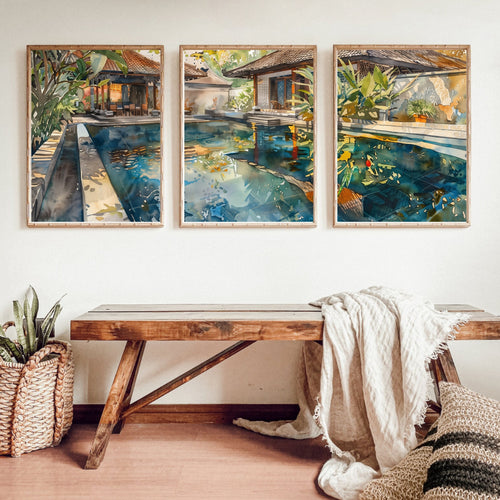 Bali Accommodation Pool Poster Set of 3 - Watercolor Art Prints - Perfect Holiday Memory Decor by Balinese Artist