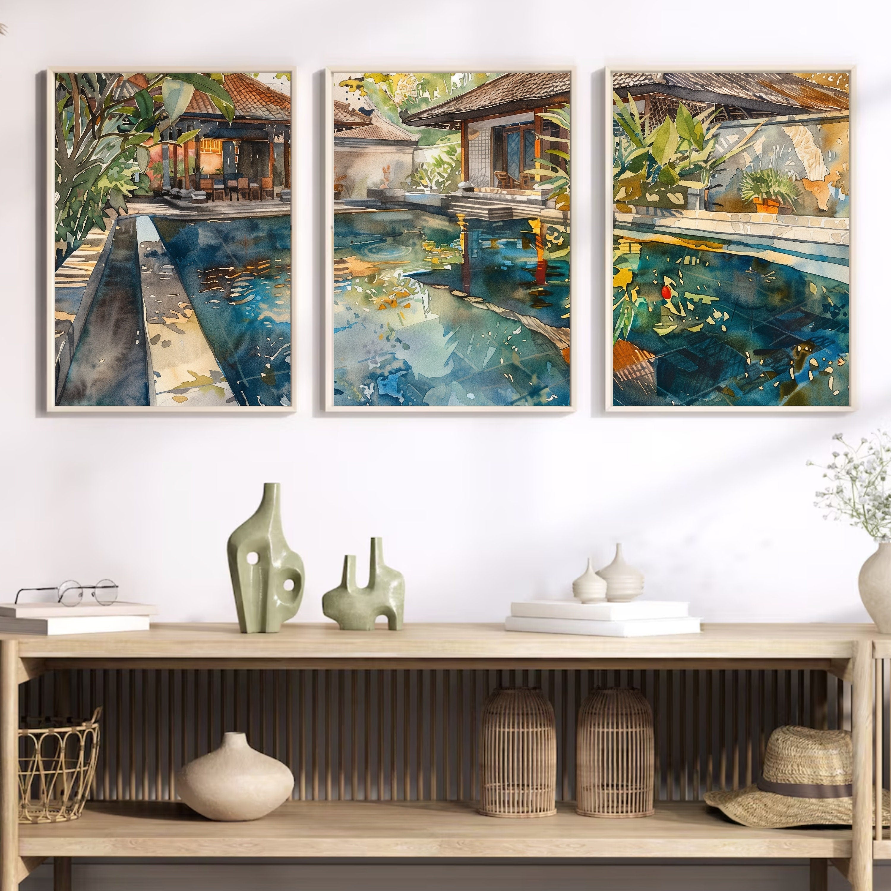 Bali Accommodation Pool Poster Set of 3 - Watercolor Art Prints - Perfect Holiday Memory Decor by Balinese Artist