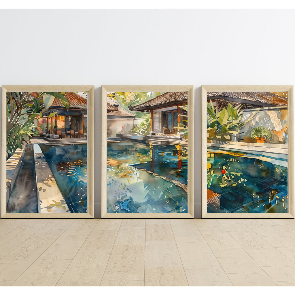 Bali Accommodation Pool Poster Set of 3 - Watercolor Art Prints - Perfect Holiday Memory Decor by Balinese Artist