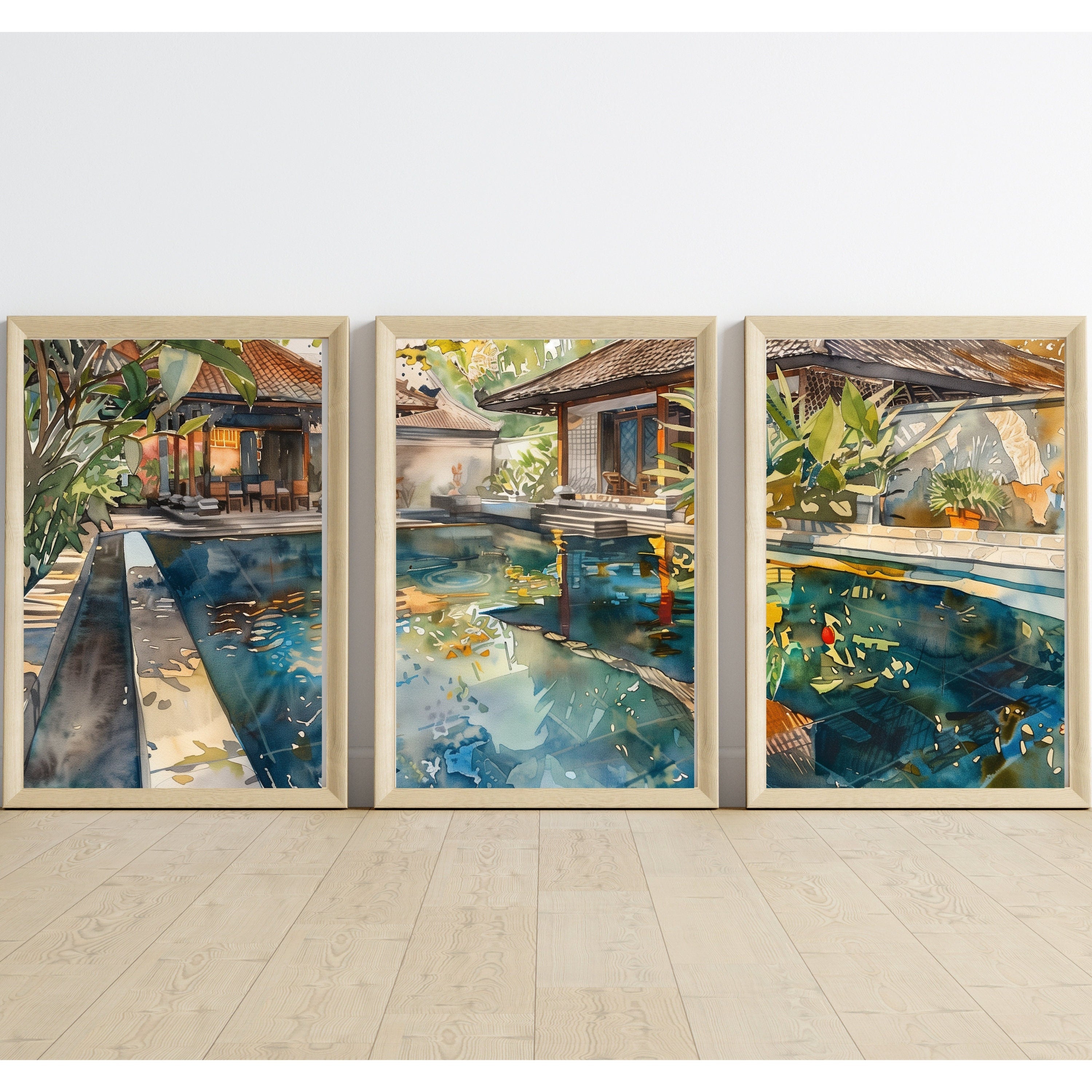 Bali Accommodation Pool Poster Set of 3 - Watercolor Art Prints - Perfect Holiday Memory Decor by Balinese Artist