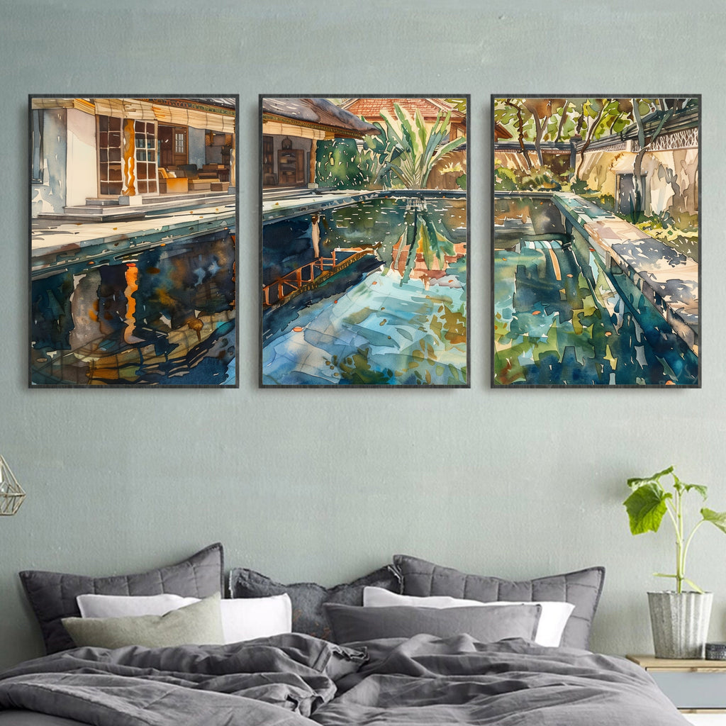 Bali Poolside Retreat Poster Set of 3 - Watercolor Tropical Paradise - Balinese Artist Creation