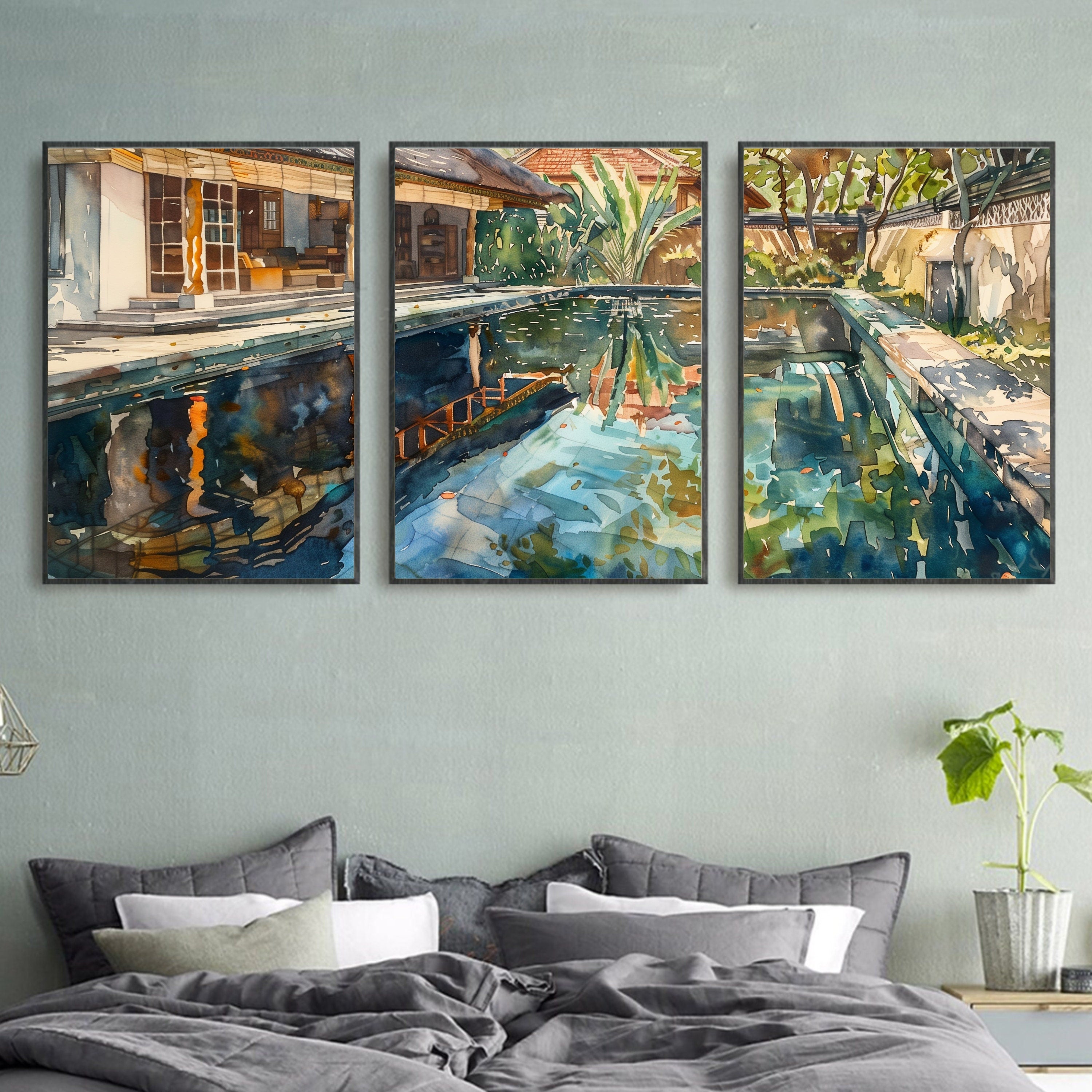 Bali Poolside Retreat Poster Set of 3 - Watercolor Tropical Paradise - Balinese Artist Creation