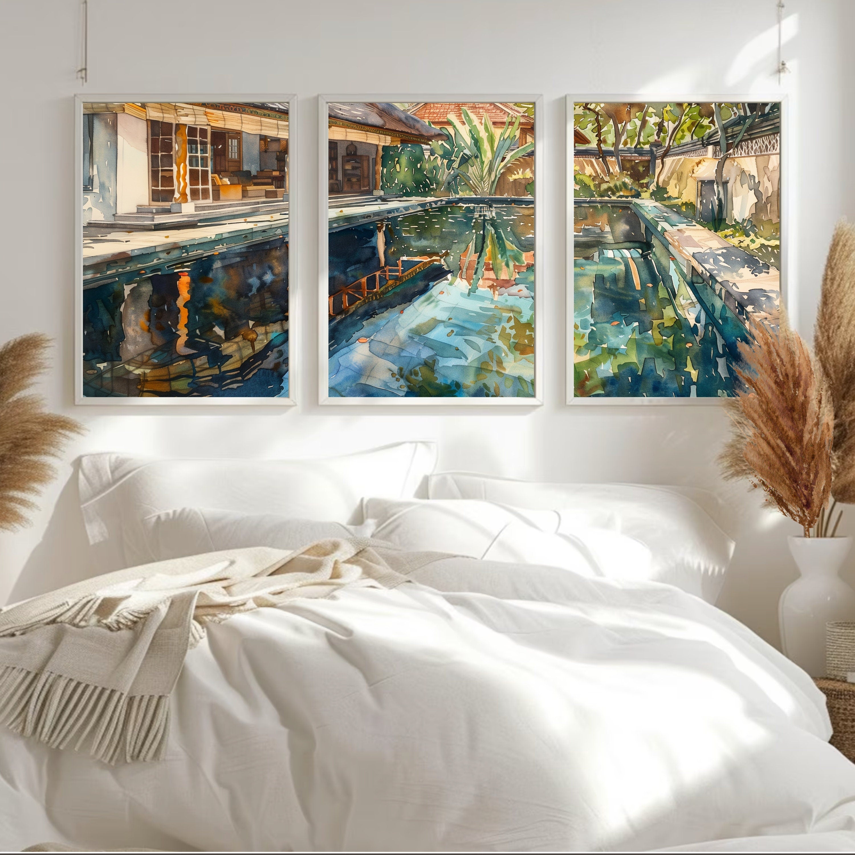 Bali Poolside Retreat Poster Set of 3 - Watercolor Tropical Paradise - Balinese Artist Creation