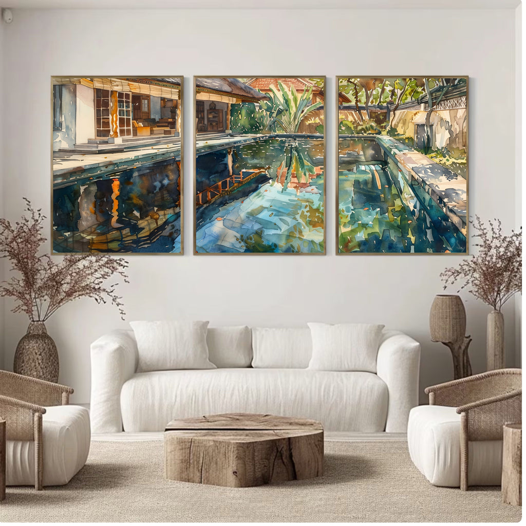Bali Poolside Retreat Poster Set of 3 - Watercolor Tropical Paradise - Balinese Artist Creation