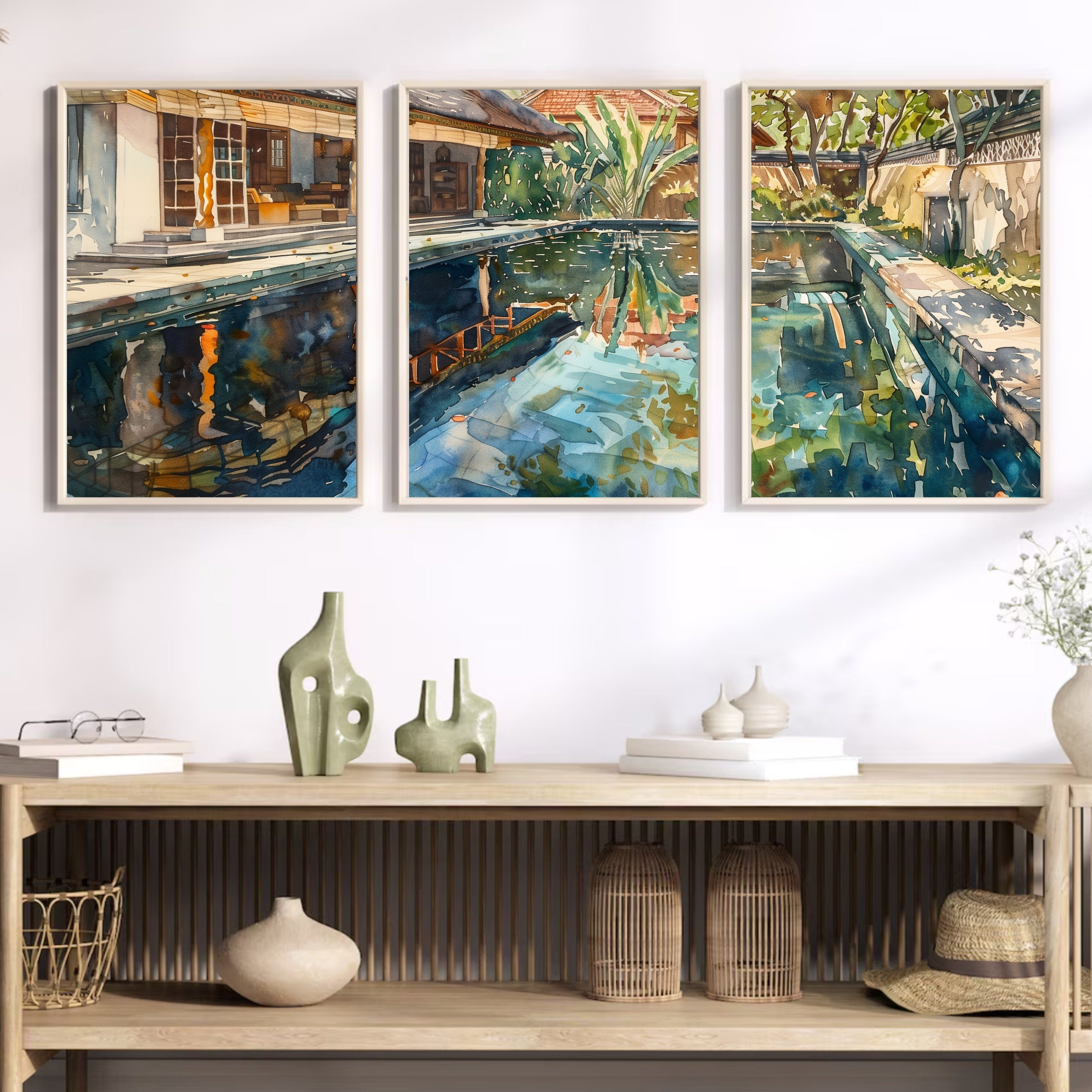 Bali Poolside Retreat Poster Set of 3 - Watercolor Tropical Paradise - Balinese Artist Creation
