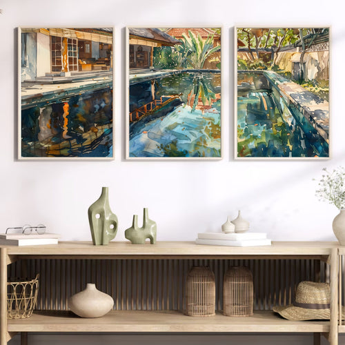 Bali Poolside Retreat Poster Set of 3 - Watercolor Tropical Paradise - Balinese Artist Creation
