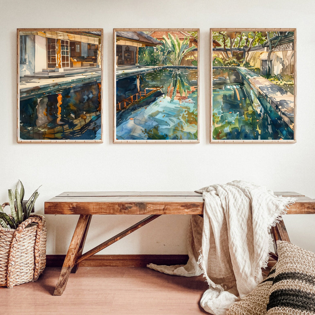 Bali Poolside Retreat Poster Set of 3 - Watercolor Tropical Paradise - Balinese Artist Creation