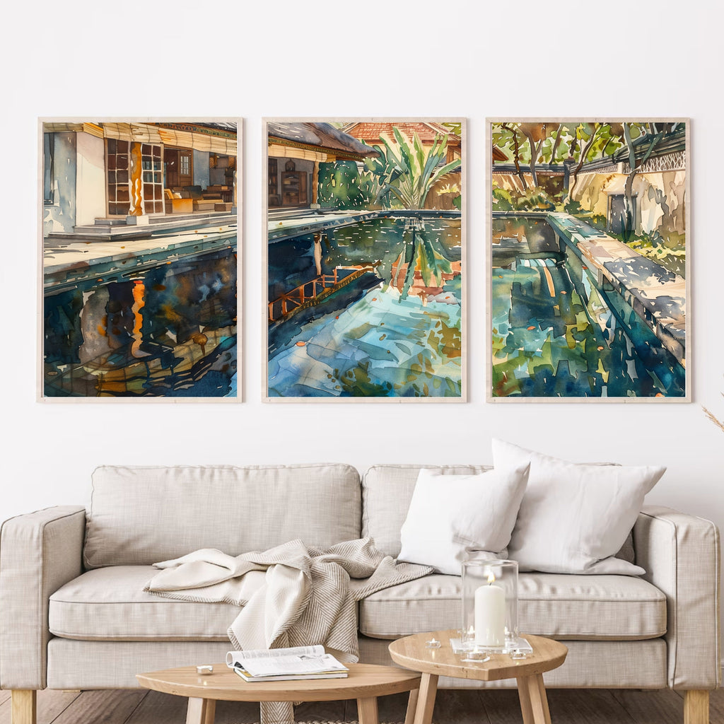 Bali Poolside Retreat Poster Set of 3 - Watercolor Tropical Paradise - Balinese Artist Creation