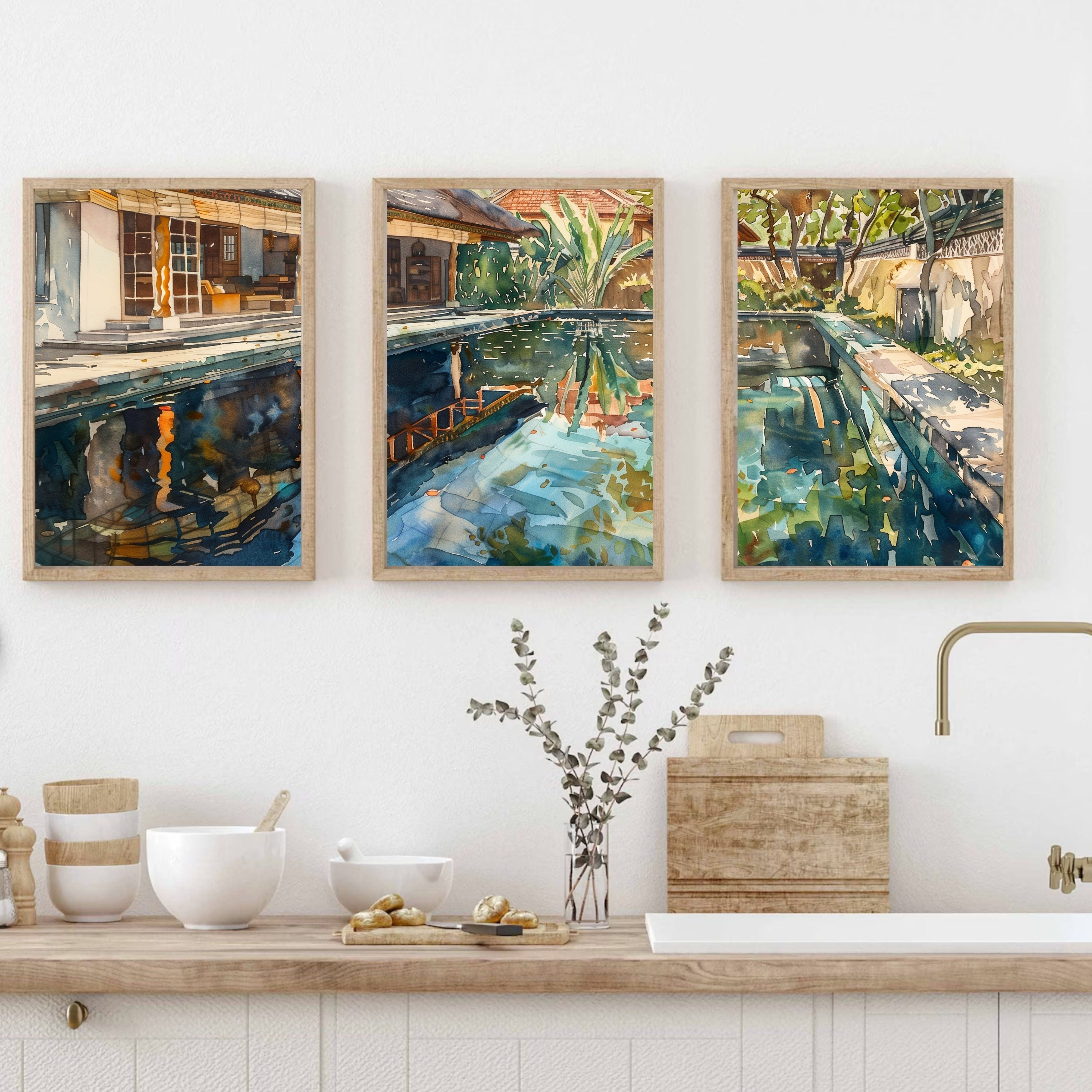 Bali Poolside Retreat Poster Set of 3 - Watercolor Tropical Paradise - Balinese Artist Creation