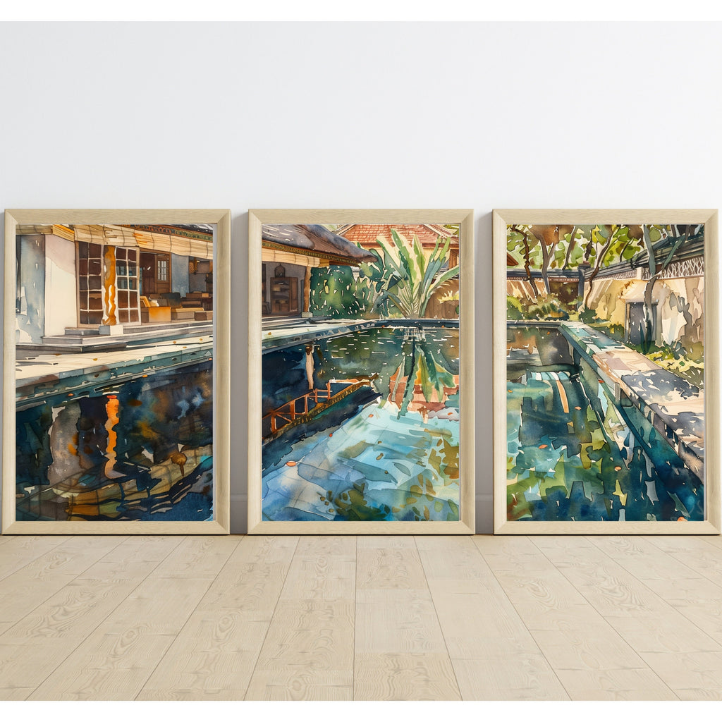 Bali Poolside Retreat Poster Set of 3 - Watercolor Tropical Paradise - Balinese Artist Creation
