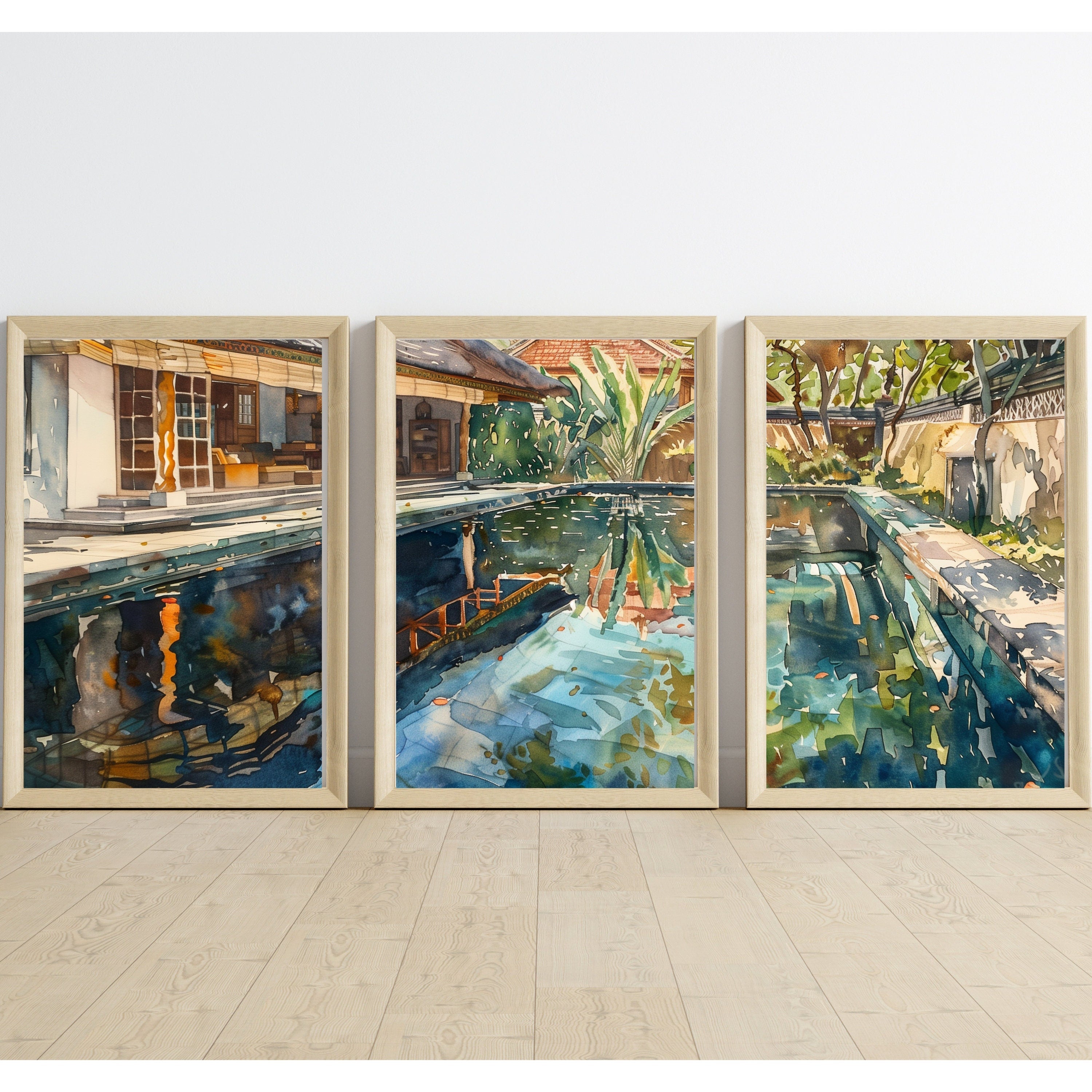 Bali Poolside Retreat Poster Set of 3 - Watercolor Tropical Paradise - Balinese Artist Creation