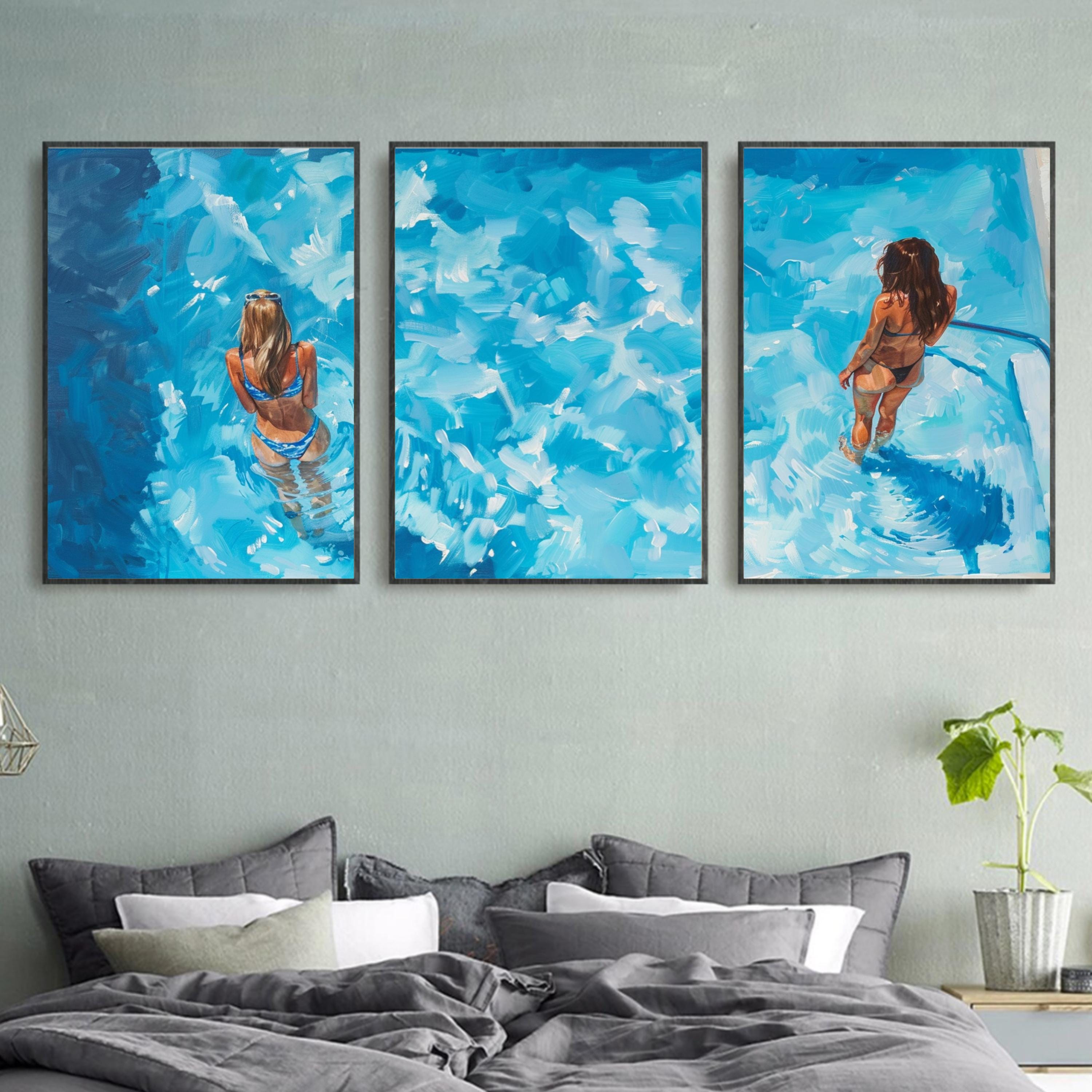 Summer Pool Art | Poolside Bliss: Acrylic Painting of Women Relaxing in a Pool - Three-Piece Poster Set