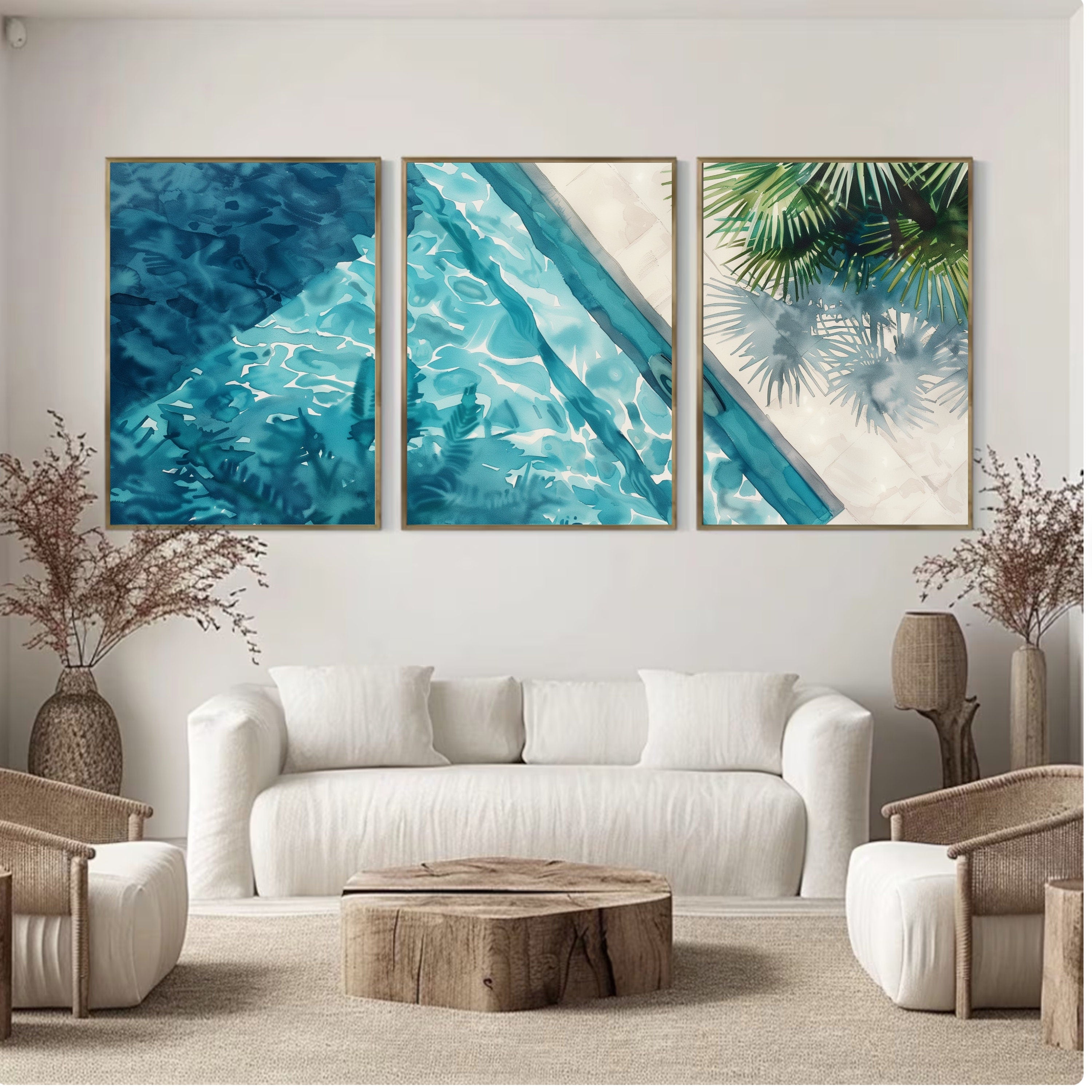 Aerial View Pool Poster Set of 3 - Watercolor Reflections and Palm Shadows - Artist-Inspired Wall Art by Ocean Blue Art