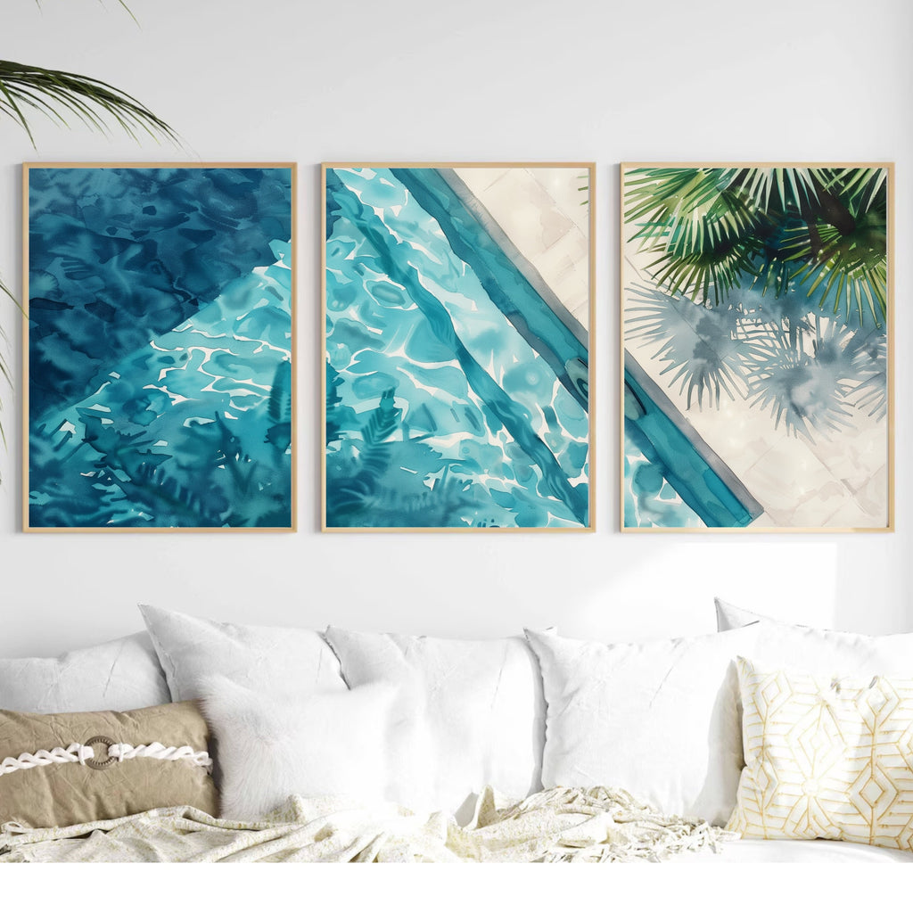 Aerial View Pool Poster Set of 3 - Watercolor Reflections and Palm Shadows - Artist-Inspired Wall Art by Ocean Blue Art
